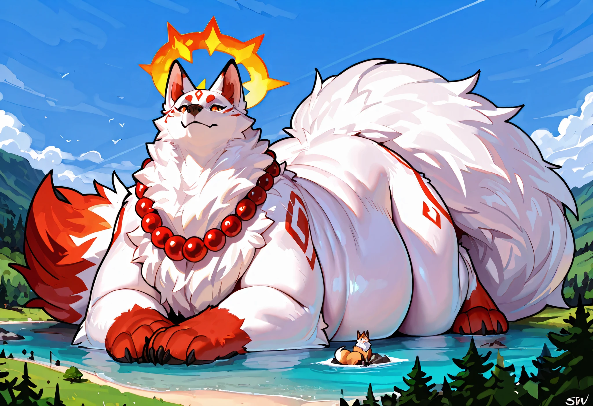 4k ultra quality, 4k full body view,(ultra high detailed body),((feral)) fox,by mystikfox61, by glitter trap boy,feral paws, by bebebebebe,by morethreedee, by seibear,sharp nails,((sfw)),(ultra detailed face),detailed eyes,big tail,fluffy tail,(detailed tail),enomorous tail,bigger tail,huge tail,volumetric light,fluffy paws,thick legs,thick paws,(feral focus), beast,(bigger lower body),(long legs),master works, super fine, 4k resolution, high quality,high picture detail,illusory engine, Masterpiece,dire fox,faint lighting,(white fur:1.2),white belly fur,(muscular feral),(obese feral:1.2),(wearing red beads:1.2),(beads necklace),(feral mount:1.2),((small head:1.3)),((enomorous body)),ornate marks,red marks,(macro),(giga),on a lake,(hyper tail:1.2),(wider body:1.3),(thick legs),lying,obese feral,flame halo