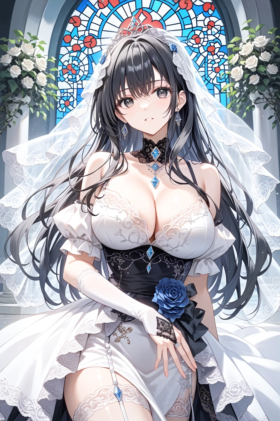 ((anime artstyle)),(((Masterpiece))), ((Best Quality)), ((Super Detail)), Illustration, (((Very Delicate and Beautiful))),Dynamic Angle,Looking at viewer,((((Solo)))),June bride,((((1 arrogant empress in white wedding dress having a wedding ceremony in a royal palace)))), in the flower garden,((((Full body)))),(standing),(((smile))),(blash),Purple eyes,(Sharp eyes),Detailed Face, Long Eyelashes,Jet Black Hair,(Straight Hair),((Very Long Hair)),Bangs between eyes, ((((gigantic breasts)))),cleavage,skindentation,curvy,See-through,(((fusion of white wedding dress and white rococo ball gown))),(fluffy white wedding dress with gorgeous embroidery),((hoop skirt)),long skirt,corset,crinoline,(long wedding veil),opera gloves,finely decorated jeweled big tiara, gem earrings,finely decorated necklace,Beautifully jeweled ornaments,indoor,((white lily flowers)), flower petals flowing,Stained glass,light particles,