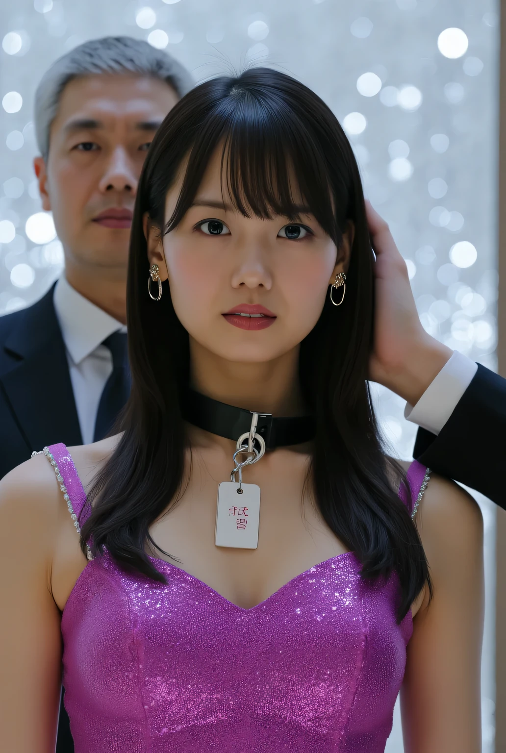 , 8ｋ、realistic, top quality , very detailed , Retailer  、 1 Japanese woman in her 20s  、 A woman in a  magenta-colored, shiny mini dress with a hollow expression is treated as a cute object 、 A young woman with a hollow expression wearing a black collar is standing on a pedestal 、 has no expression 、 Stylish、 shopping、  price card  、 Bright and sparkling interior 、 A middle-aged man in a suit is stroking a woman's head、black hair long straight hair、full body shot