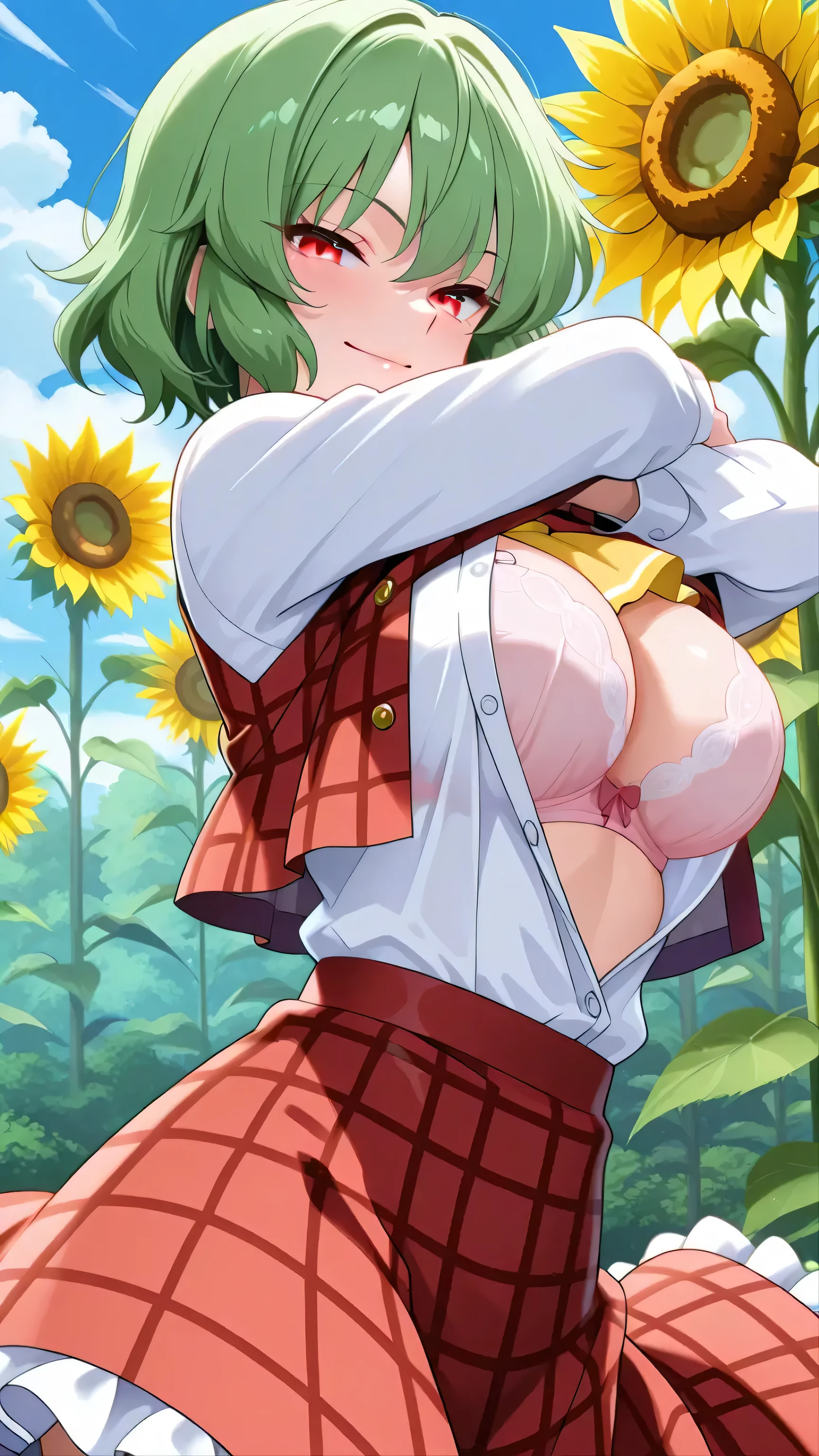 4k, 1toddler, solo, shiny skin, short hair, wolfcut, solo, shiny skin, short hair, wolfcut, wavy hair, light green hair, large eyes, (flat ), ((infantile build)), sitting, ((())), (((spread ))), (()), kupaa, looking down, (()), (nose blush), wearing one-piece dress, white dress, sleeveless dress, ((pointy )), white sandals, straw hat, sweat, Clothes soaked in sweat and transparent, Clothes are transparent and  are visible, (skirt lift), blue sky, sunflower field, from below