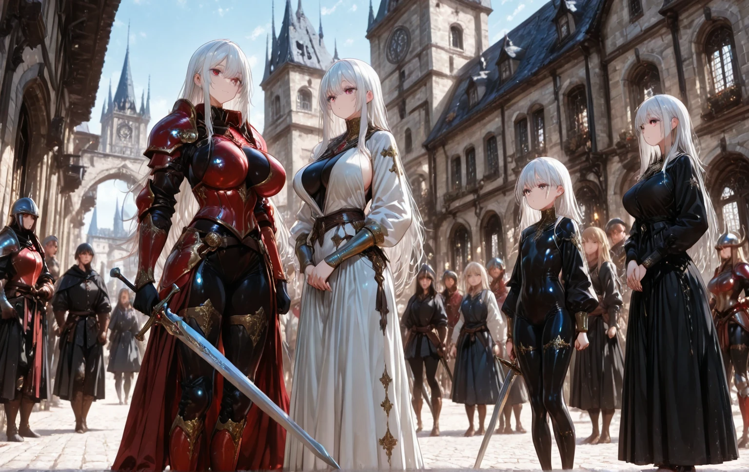 A group of  female knights, (in forest), various hair styles, harem, wearing armored clothes, metal armor, night, details face, trousers, seducing, sword,