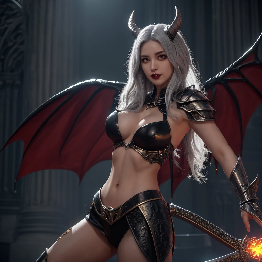 (((profesional: Paso a paso, taking into account even the smallest detail, Resultado final a nivel de Dios, imagen: todos los detalles intrincados, (profesional: Paso a paso all body with intricate details), Solo 1 Chica, tiro de vaquero, pechos medianos firmes, obra maestra, slim build, Muy realista, humano, Muy realista young woman))): "symmetrical face with intricate details, Muy lindo, Cara y cuerpo enfocados con detalles intrincados., Hurí is a beautiful young maiden with red hair and white skin.., ojos verdes, intrincados detalles de: ((Huge black dragon wings, red dragon horns)), ((Ropa corta con una gran armadura plateada de rejilla en todo el cuerpo., cuerpo hermoso)), Rear side lighting, todo fondo , vista aleatoria"