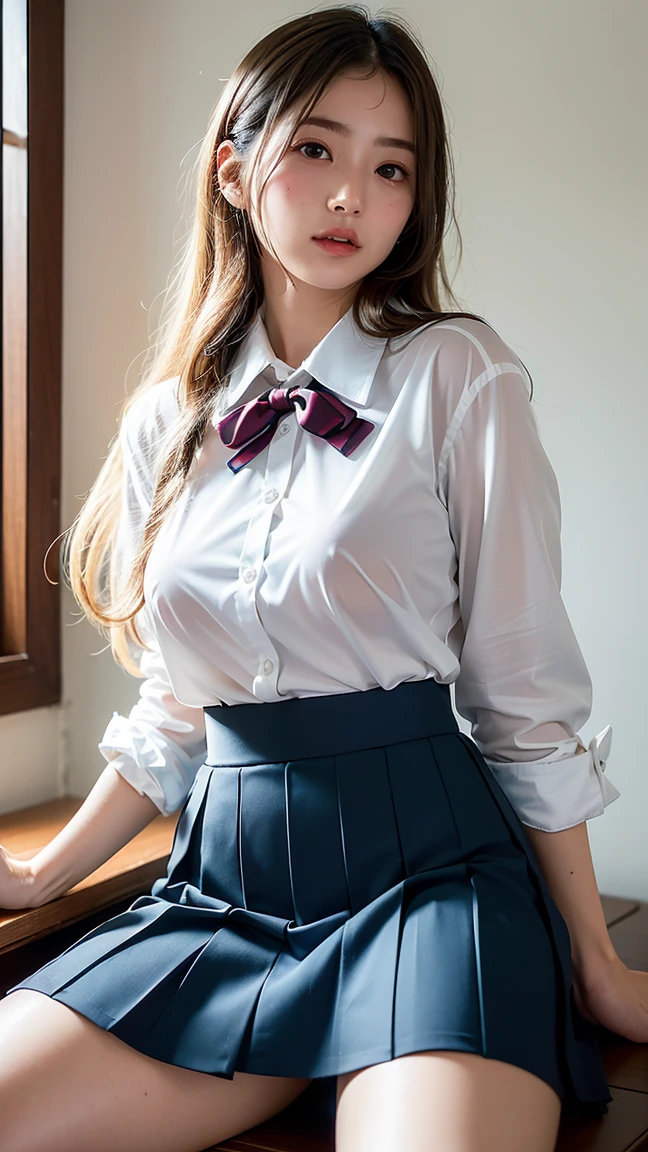 ((smile))、confused、Raw photo、full body,(((The ultimate masterpiece portrait)))、((the cutest girl in the world))、1 girl、12 years old、Japanese、cute face、((silky hair))、(High ponytail tied with a ribbon:1.4)、((super :1.4))、 nipples,((Eyes that shine like jewels))、Glossy skin、(young woman;A  consisting of a see-through shirt, thin ribbon, blazer, and a plaid pleated skirt.:1.5)、Winter clothes、(Uniforms made from high-quality fabrics:1.4)、Ultra-detailed uniforms、(Unbuttoned shirt:1.5),(She shyly pulls up her skirt:1.3)、(A realistic  is visible:1.5)、(Realistic  leaking fluid:1.3),(( in front))、(Sitting on a chair with legs spread wide:1.6),protruding  skirt fluttering in the wind、eyeliner、beautiful bangs、hair between eyes、((solve、High resolution))、detailed background、8KUHD、digital single lens reflex、soft light、high solve、film grain、Fujifilm XT3、shallow depth of field、自然なsoft light、thin waist,Not wearing panties,A world without underwear,nffsw,