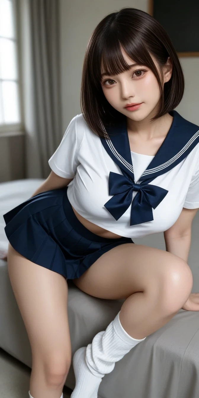 highest quality、17 years old、high school girl 、very cute、((Large Breasts))、((Cute Woman))、(Ecstasy face)、Long brown hair with bangs、Earrings、necklace、Long legs、Perfect balance、Slim woman、(Increase the resolution)、(8k)、(Very detailed)、(Beautiful big eyes)、Droopy eyes、(Watery eye)、(highest quality)、(Very detailed)、(masterpiece)、(wallpaper)、(Detailed face)、((white short sleeve sailor uniform:1.3))、(Navy Pleated Mini Skirt:1.5)、((Perfect Anatomy))、Perfect limbs、Perfect Fingers、((very slim thin thighs))、(very slim slender legs)、((barefoot))、(Spread your legs:1.5)、(Lift one leg and tie it:1.5)、((White panties exposed:1.5))、Handcuffed、((With both arms tied with rope))、(((Raise your arms straight up)))、(((Suspended from the ceiling)))、((bondage))、(Angle from below)、((White panties are visible))、(Detailed drawing of white lace panties:1.3)、(Check out the white panties)、(Focus from below to the crotch)、In a hotel room、
