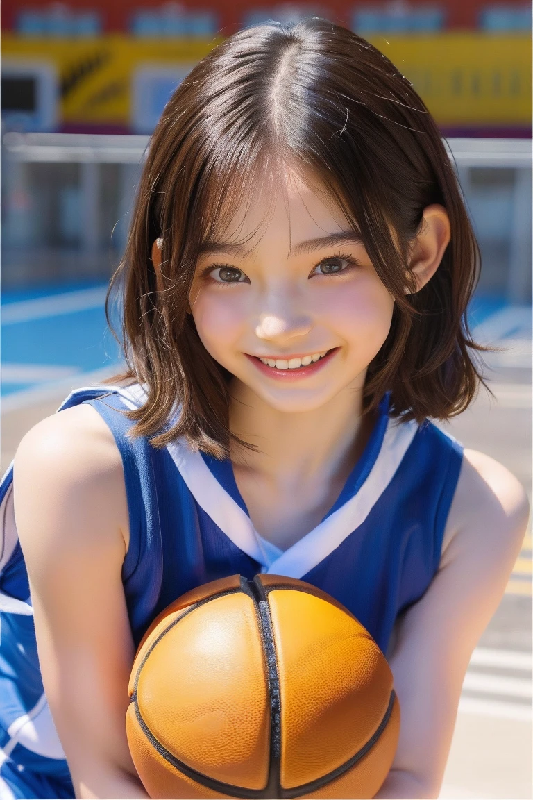 (​masterpiece,top-quality,超A high resolution),A Japanese Lady, (((Very beautiful 12 year old girl))), Kawaii Girl、View photographer､Front view,  ((Shorthair)), hyper cute face, Glossy lips, Double eyelids in both eyes,Smiling smile、 Natural makeup, long eyelashes, Glossy and smooth hair quality､central image,  Perfect limbs, Perfect ,(((Basketball Uniforms)))、((())),(((Wet with sweat))),A sports  can be seen from the side of the uniform,