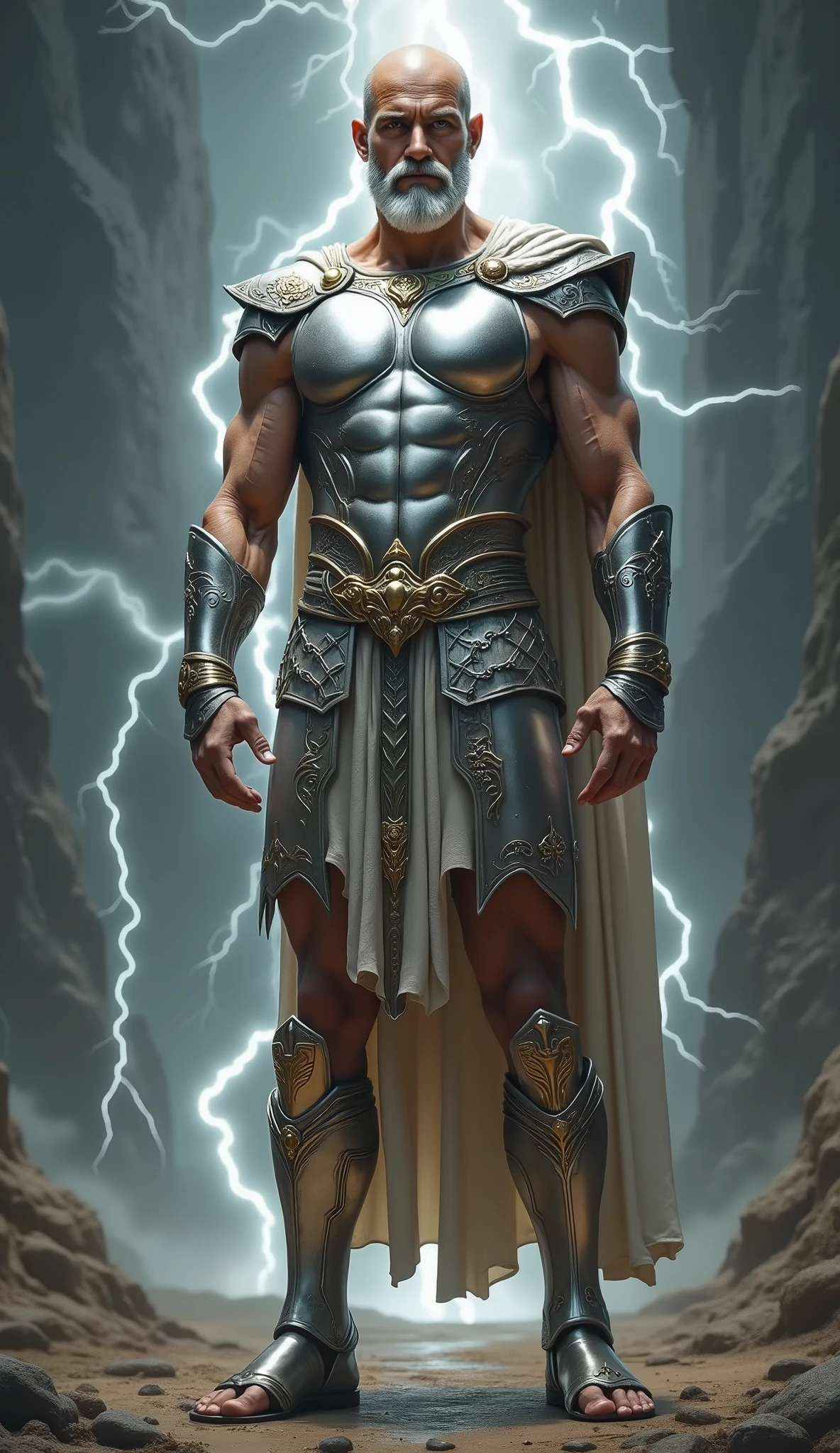 Zeus, lightning background, shining silver amor, skinny, slightlty baldness, moustache, sandal