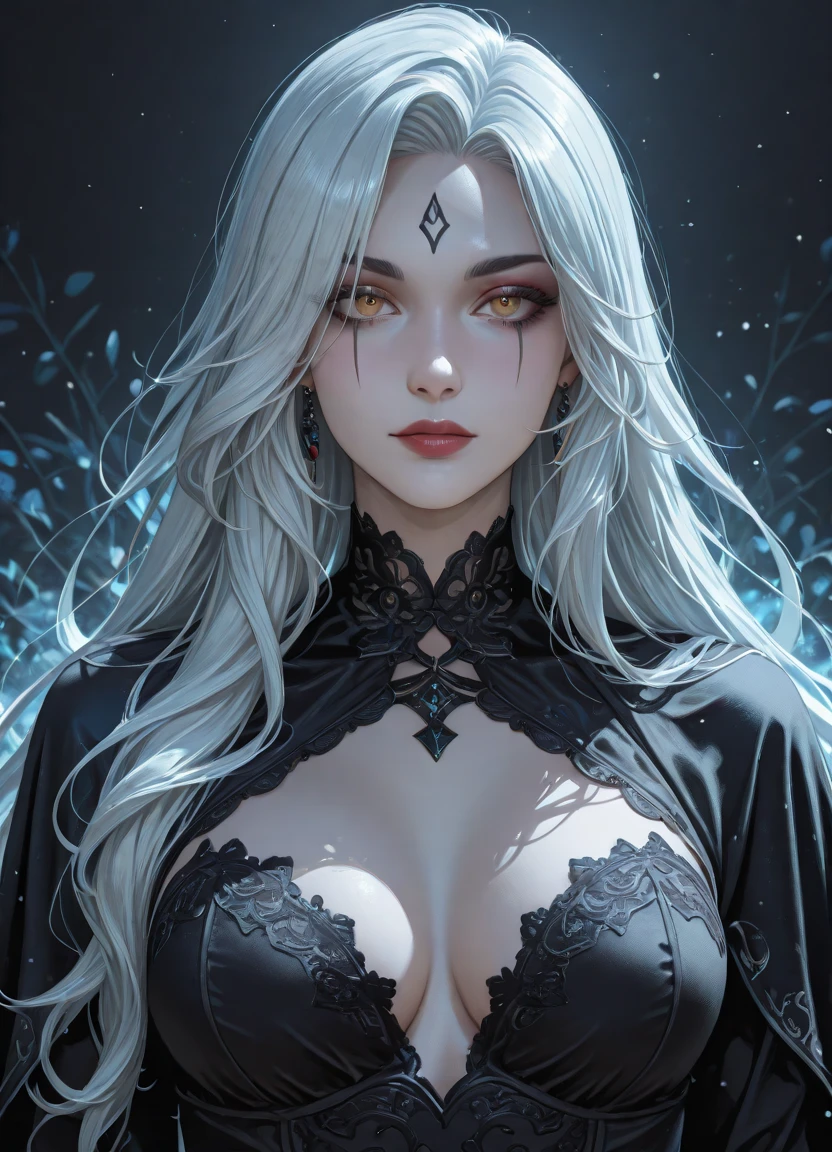 White elf girl, medium grey hair color, very long flowing hair, grey eye color, small eyes, realistic human eye shape, round eye shape, eyeliner, realistic face shape. black lace low cut lace shirt, portrait, wearing a black hood, black background, chest showing, , Depth of Field. looking at camera, dreamy look detailed eyes, detailed face, detailed skin, Ultra Detailed, Beautiful and Aesthetic, Masterpiece, Best Quality, shoulders showing. lace fabric, round chin shape. wearing black hood over hair. showing full upper body and face. wearing a black hood. hips showing, alot of flairs in background, zoomed out, , black and gold. Glowing