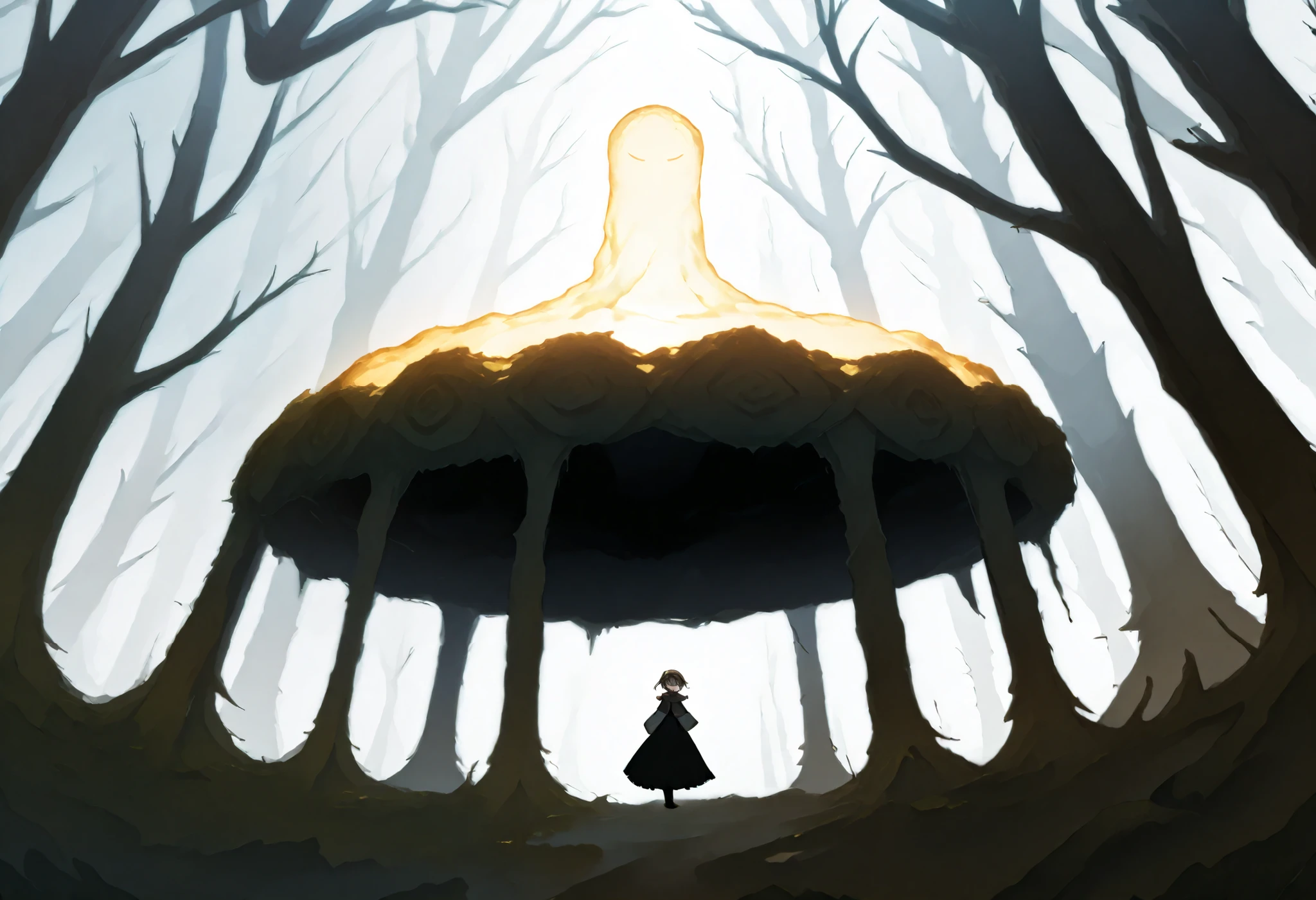 I encounter in the clearing of an ancient forest , in which the light of dusk filters through the branches and caresses an interrupted pool of crystalline water , so immovable and perfect like the one emanating from a forgotten mirror . In the center of the pond is an ancient stone altar , polished over the centuries and marked by the inexorable passage of time . On it rests a sword chained : your sword , forged in ice , shines with an icy glow that seems to defy the warmth of the environment , while its handle , made of violet crystal , mystical flashes that mesmerize the sight .
that floats on the altar , suspended in an ethereal dream , stands a translucent hexagonal prison . Inside this almost dreamlike structure , lies in a reclining position . With her body lying delicately , her eyes and hair , of a penetrating ice blue , radiate an enigmatic calm . The creature seems immersed in a state of contemplation , as if immemorial secrets were kept or waiting for the moment of an awakening .
The environment is charged with a deep silence , by the soft murmur of the water and the flickering of the fireflies that dance in the Darkness , that projects subtle flashes on the scene . Each element —the icy sword , the violet handle , , the solitary altar and the hexagonal prison that guards the being- are intertwined in a visual story of mystery and magic., suspended in time , inviting you to discover a story of forgotten legends and unexplored destinations .