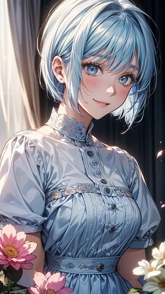 loking at viewer, light smile, blush,, o, cowboy shot, v arms, short silver hair, blue eyes, serious looks. looking at viewer, cowboy shot, solo, silver ears, one bed #Anime. lack , fur trim, gloves, blue boots floating armor, power armror