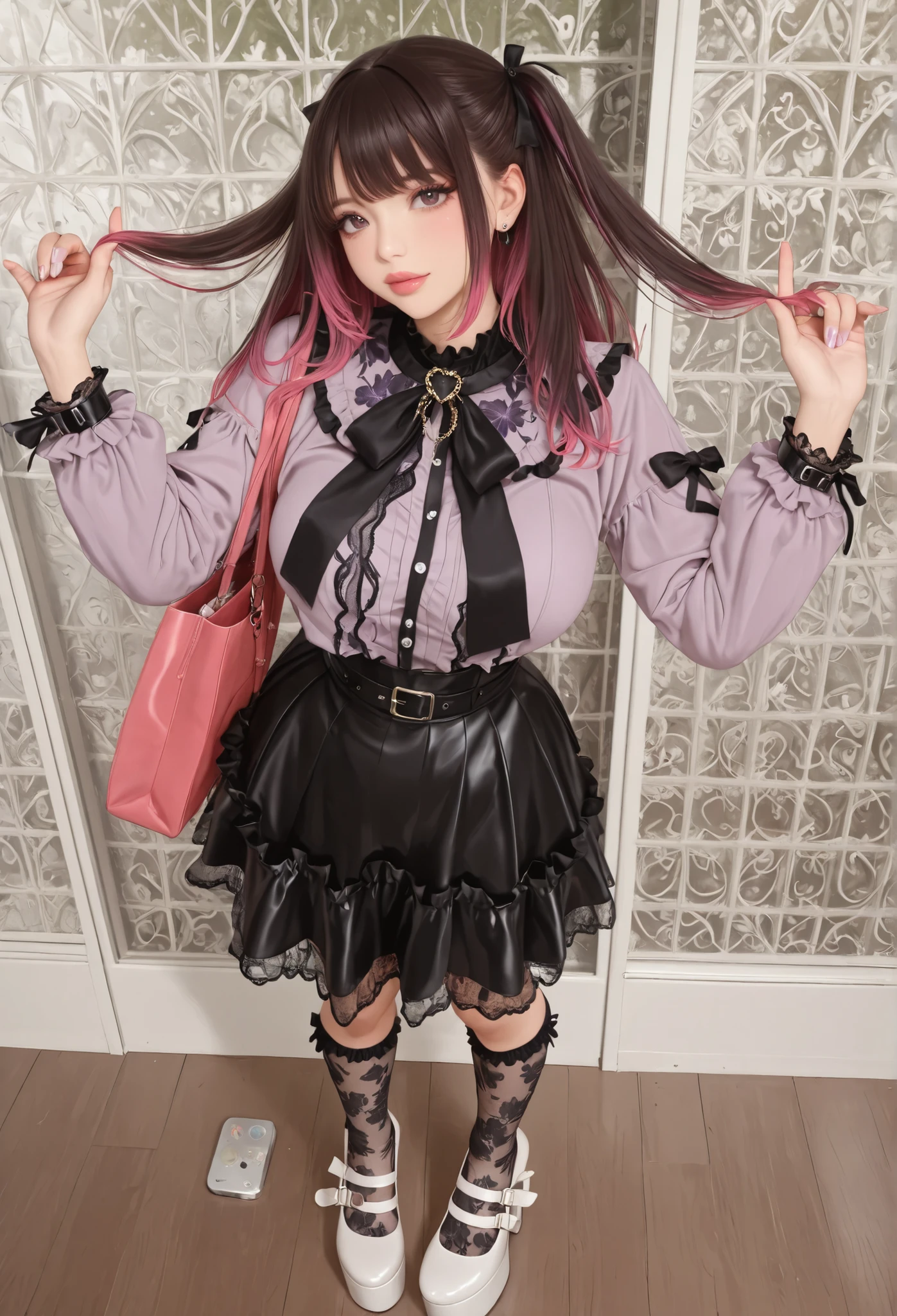 ((inspired by)),(masterpiece, best quality),beautiful, beautiful-woman, ((detailed face)).(full body:1.3).,
finger repair,Finger optimization,complete repair,full body, perfect body, perfect anatomy, body shine, beautiful body, perfect chest, perfect hips,,,
,.
1-woman
(The woman is wearing jirai-kei fashion).(platform footwear). ,(frilled lace-socks:1.2),(colored inner hair),(colored tips),large breasts。
The woman is wearing jirai-kei fashion; Lavender floral chiffon blouse with double-layer ruffled yoke and self-fabric necktie bow; long puff sleeves cinched at wrists with elasticated cuffs; high-waist ivory A-line skirt featuring asymmetrical gold-tone button closure on the waistband and gentle flare hem; white ankle lace-socks with subtle ribbed texture; black patent leather platform lace-up shoes with chunky block heels,