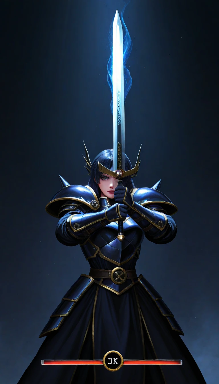 perfect face,An RPG-style necromancer, a female swordsman, stands in the dimly lit halls of an ancient castle, woman with dragon horns and dragon tail (midnight blue color) standing with two long swords, long leather coat with two small metal shoulder pads, cream-colored dress with belts, long boots, walking with swords in hand, on the floor lifeless bodies of soldiers in armor with faces hidden by helmets