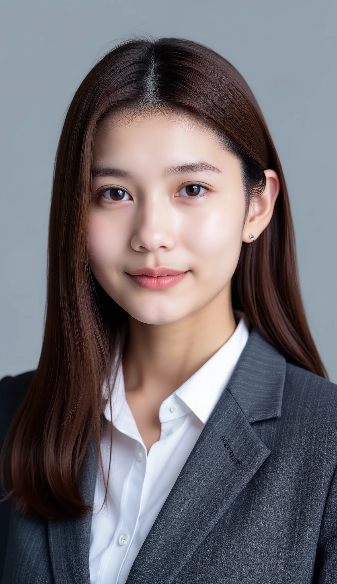 Passport photo of a neat young woman、facing directly、camera list、office lady suit、jacket、shirt、、、ear piercings、前髪あり、、、無表情、、、has closed its mouth、face close-up、grey background