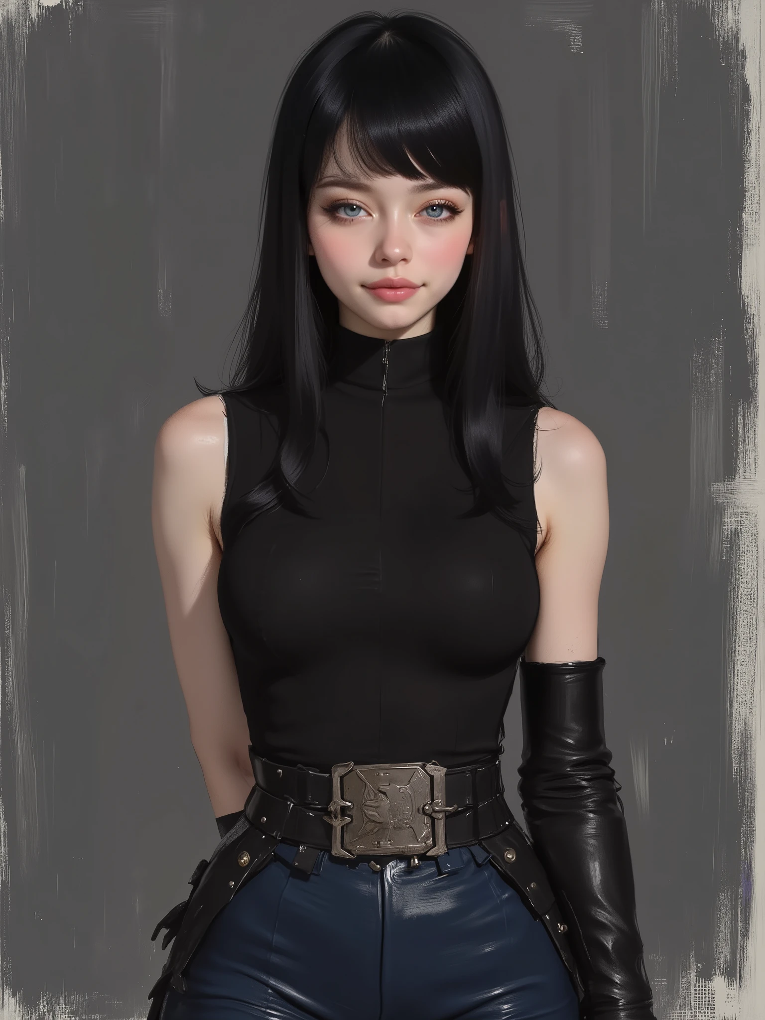 sketch painting, marinette Dopanchan, niji, gothic, erotic, anime, A very beautiful and cute 22 year old woman with a slight smile. (((Shy smile))), sharp focus on the face, (((Western eyes:1.5))), (((Extremely detailed ice-blue eyes, beautiful eyes, beautifully detailed eyes))), (((delicately detailed thin pink lips))), (((long hair, shiny hair))), (((black medieval steampunk style sleeveless t-shirt))), (((Dark Blue medieval steampunk style leather warrior pants))), (((full body view, dynamic pose, standing:1.5, graceful pose))), (((The background is Dark Gray and painted with expressive, visible textures using dynamic brushstrokes and strokes that add depth and movement. The paint covers only the area just behind the subject. The outer edges of the image with black margins, as if the background had been painted with a brush and with expressive and visible textures using dynamic brushstrokes and strokes fading toward the edges creating a modern and artistic vignette effect))). Cinematic lighting, soft depth of field, (((masterpiece/high resolution/Best Quality/top quality/high quality/UHD/16k quality))), sharp focus, no blur, film grain, bokeh.