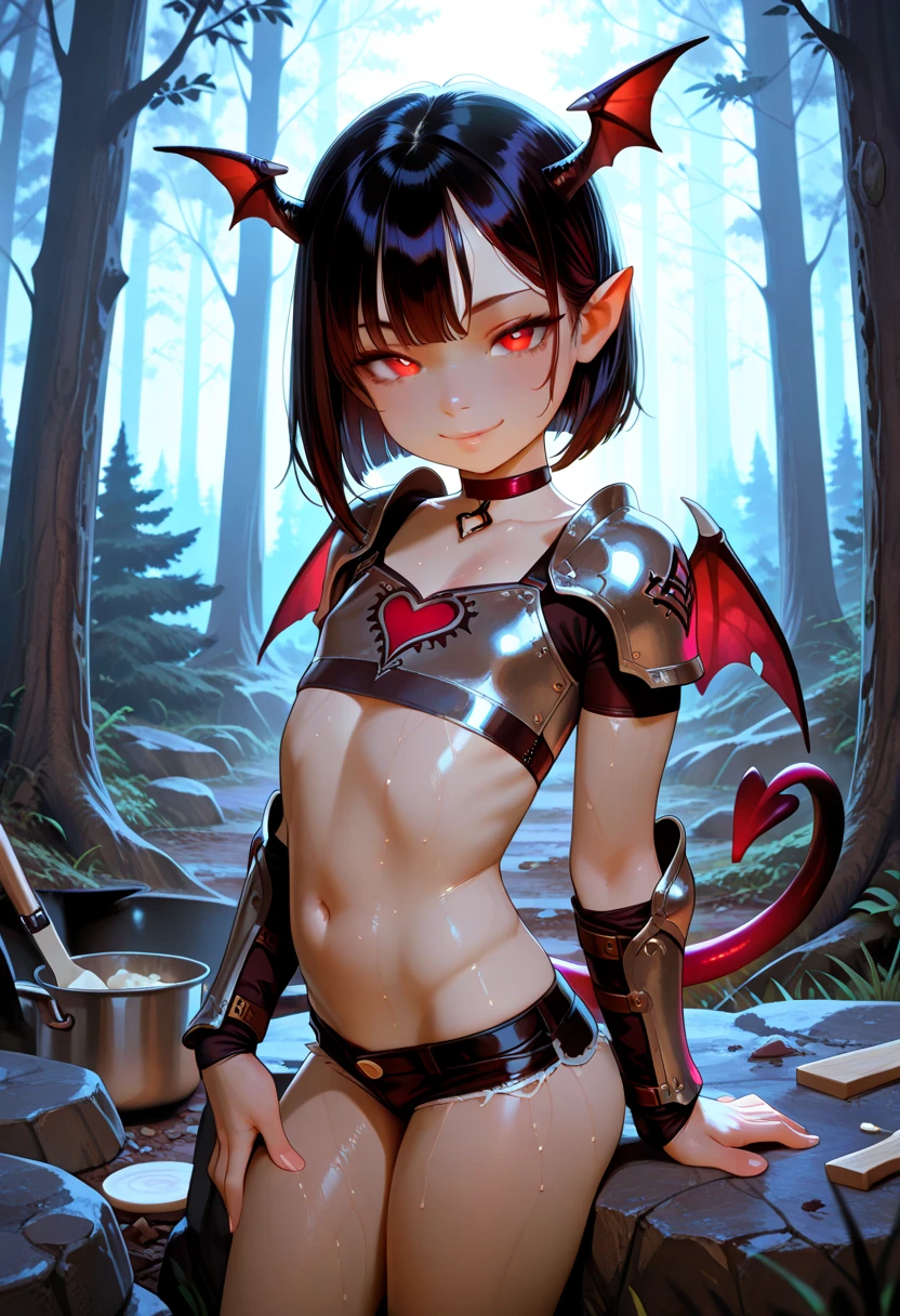 masterpiece, best quality, highres,
succubusconcepts, 1girl, solo, looking at viewer, cowboy shot, standing, skin-covered horns, oni horns, (oni:1.2), (red skin:1.3), red oni, succubus tail, heart tail, (tail:1.2), (demon tail:1.2), spread legs, cameltoe, panties, bra, collarbone, navel, underwear, lace trim, lace, breasts, pointy ears, bangs,
<lora:Concepts_Succubus:1>, grass, field, day, cloud, forest, arms behind back,
