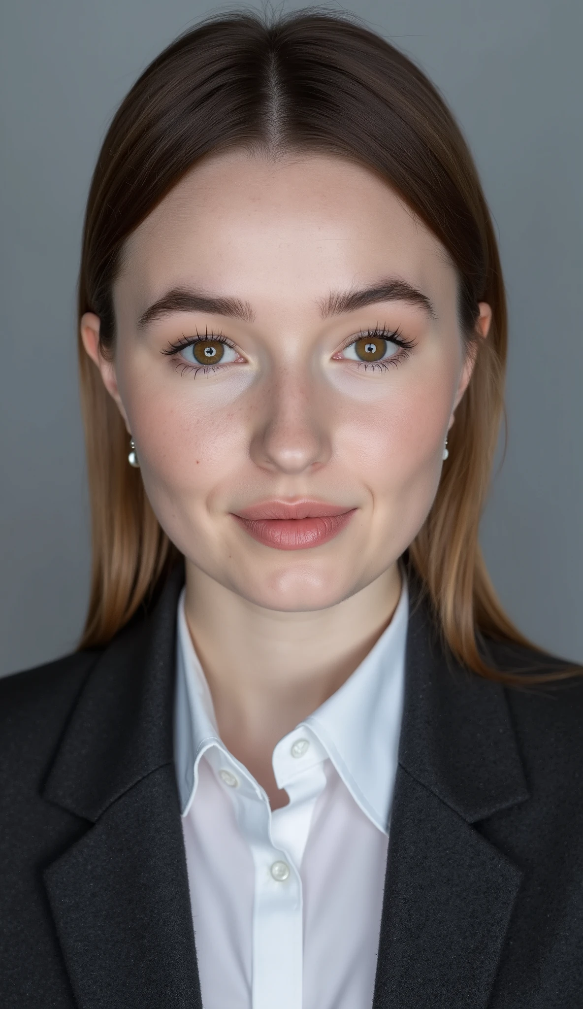 Passport photo of a neat young woman、facing directly、camera list、office lady suit、jacket、shirt、、、ear piercings、前髪あり、髪型ショートボブ、、無表情、、、has closed its mouth、face close-up、grey background
