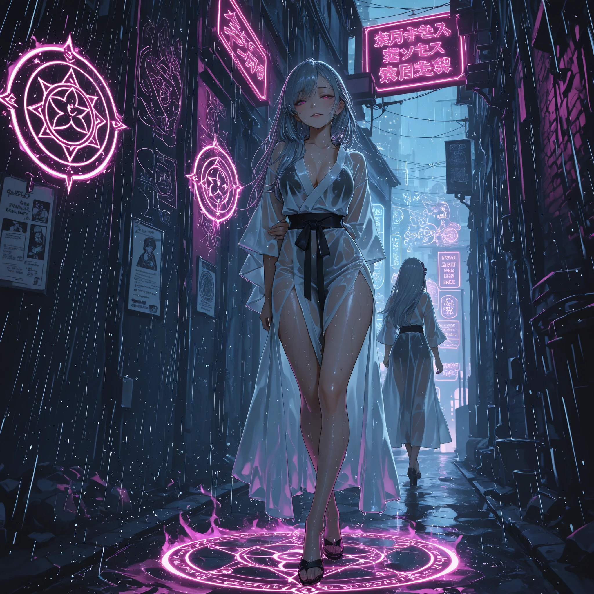 3DMM,cute face,This RPG boss fight scene, set in a dark back alley at night illuminated by a magic circle, is a classic RPG combat interface、A woman in the rain is prepared for battle、see-through uniform、wet hair、Battle Pose、seductive expression、mysterious magical aura、It gives off an aura of high difficulty、encourages players to take on the challenge、Rainy Urban Background、reflection of neon light、character stats are displayed in the upper left corner、The game mechanics are conveyed、Ryu and Diana have physical strength and magic points displayed on the、and is a signal that the battle is ready、screen The bottom menu offers choices and tactical options, and、strategic gameplay is emphasized、in an atmosphere that combines fantasy and eroticism、immerse yourself in strategic battles in fantasy games for adults、Sensual Fantasy Elements