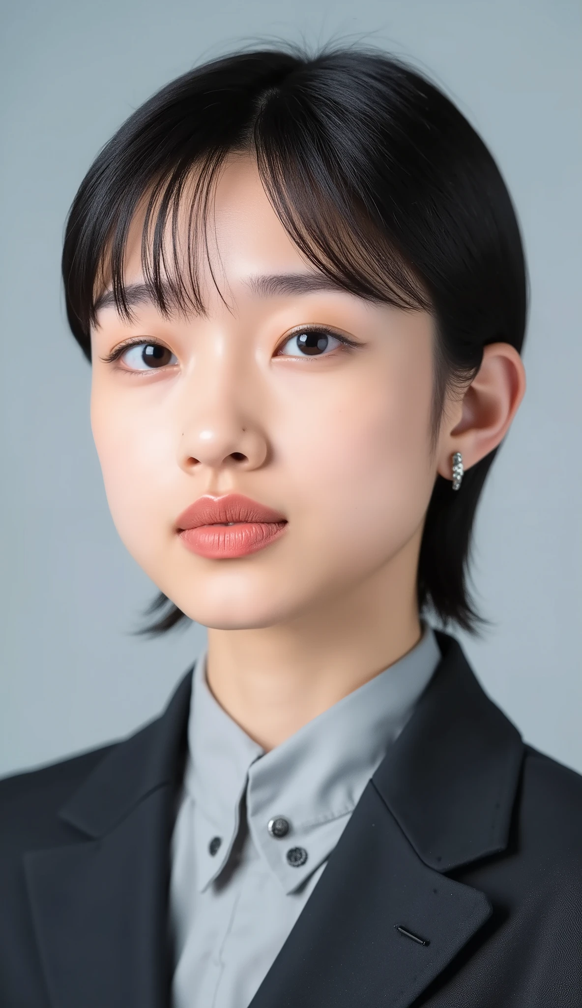 Passport photo of a neat young woman、facing directly、camera list、office lady suit、jacket、shirt、、、ear piercings、前髪あり、、、無表情、、、has closed its mouth、face close-up、grey background
