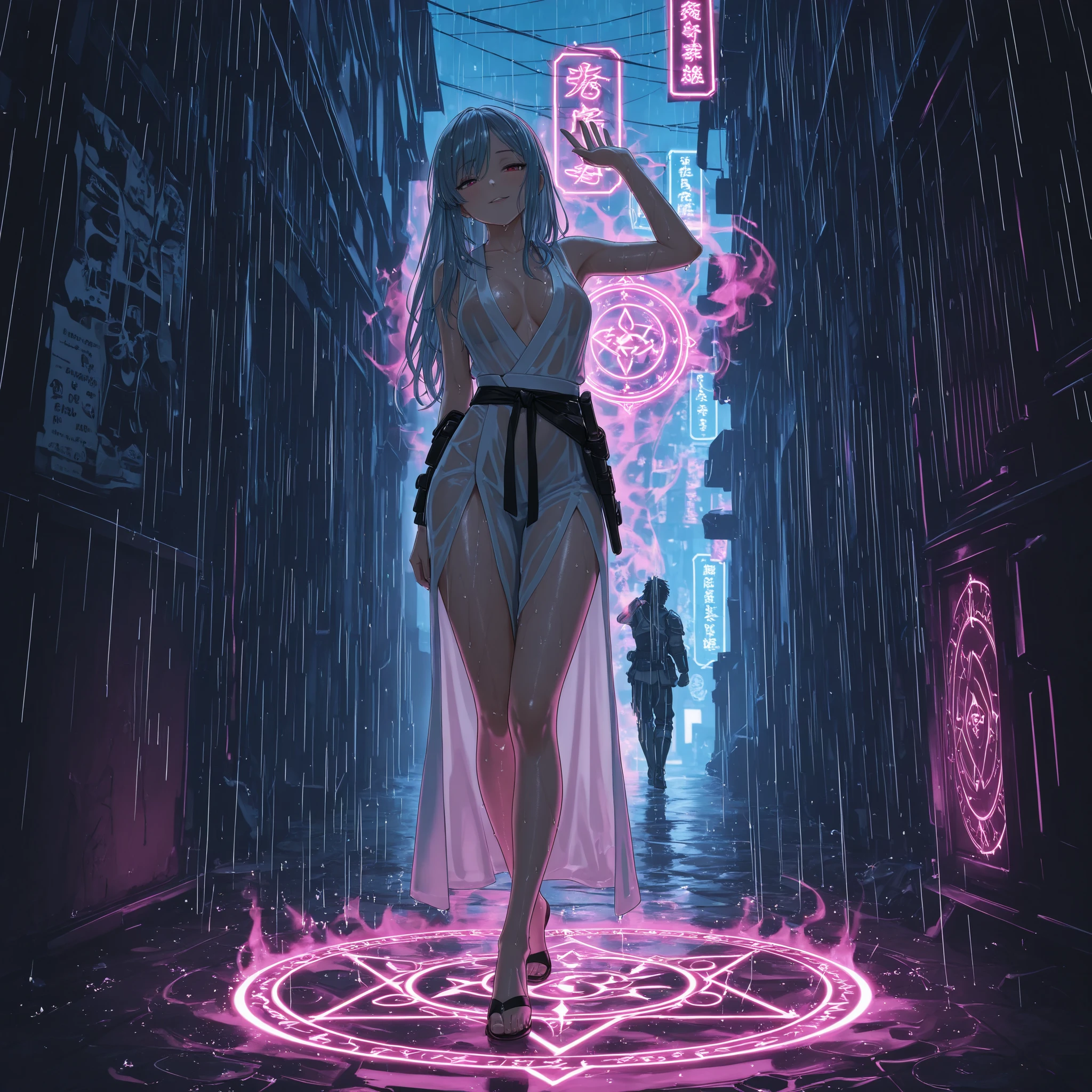 3DMM,cute face,This RPG boss fight scene, set in a dark back alley at night illuminated by a magic circle, is a classic RPG combat interface、A woman in the rain is prepared for battle、see-through uniform、wet hair、Battle Pose、seductive expression、mysterious magical aura、It gives off an aura of high difficulty、encourages players to take on the challenge、Rainy Urban Background、reflection of neon light、character stats are displayed in the upper left corner、The game mechanics are conveyed、Ryu and Diana have physical strength and magic points displayed on the、and is a signal that the battle is ready、screen The bottom menu offers choices and tactical options, and、strategic gameplay is emphasized、in an atmosphere that combines fantasy and eroticism、immerse yourself in strategic battles in fantasy games for adults、Sensual Fantasy Elements