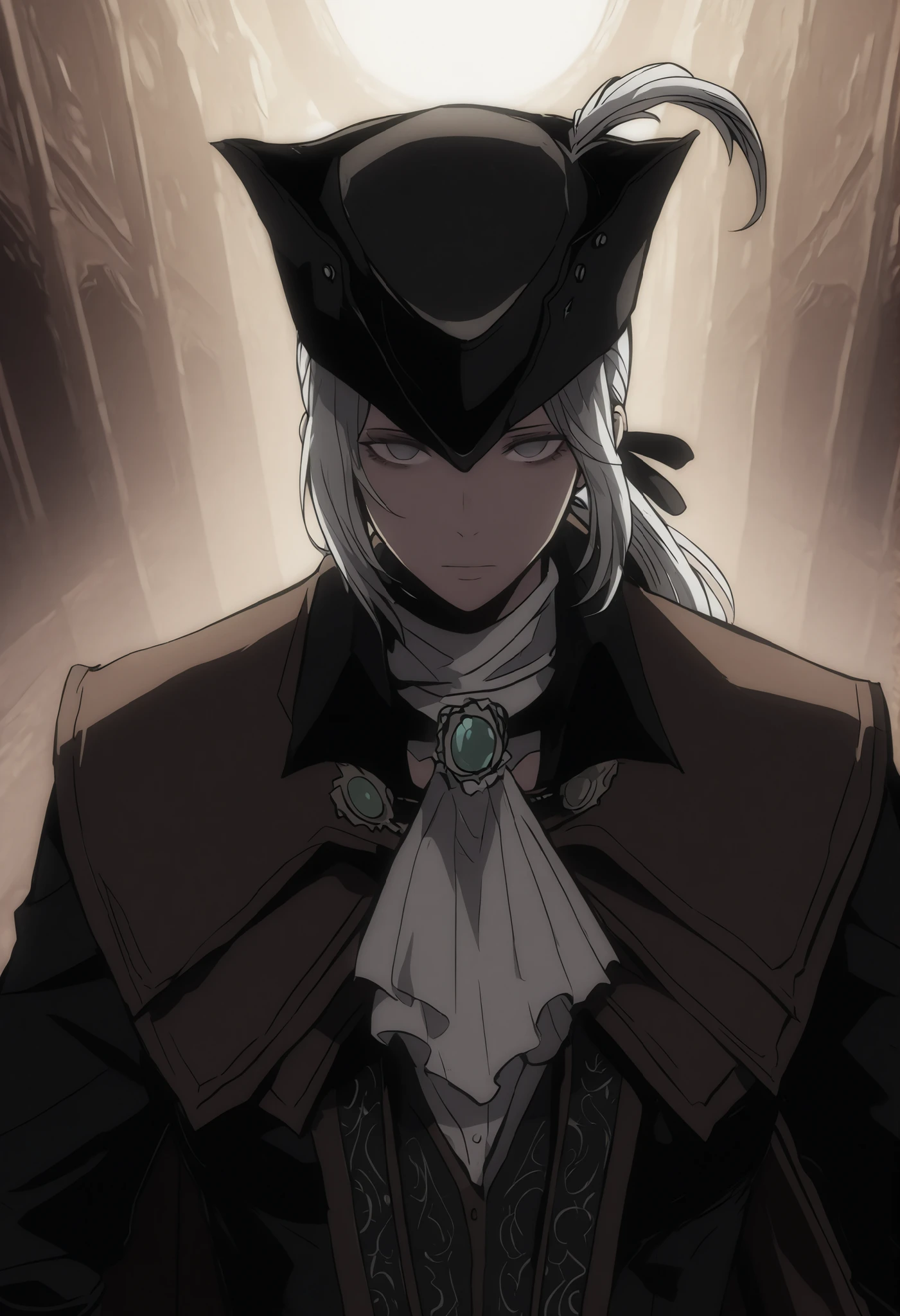 Lady Maria of the Astral Clocktower, White hair, grey eyes, tricorne, gloves, hat feather, ascot, ponytail, cape, perspective, upperbody only, empty eyes, no emotions, looking at viewer