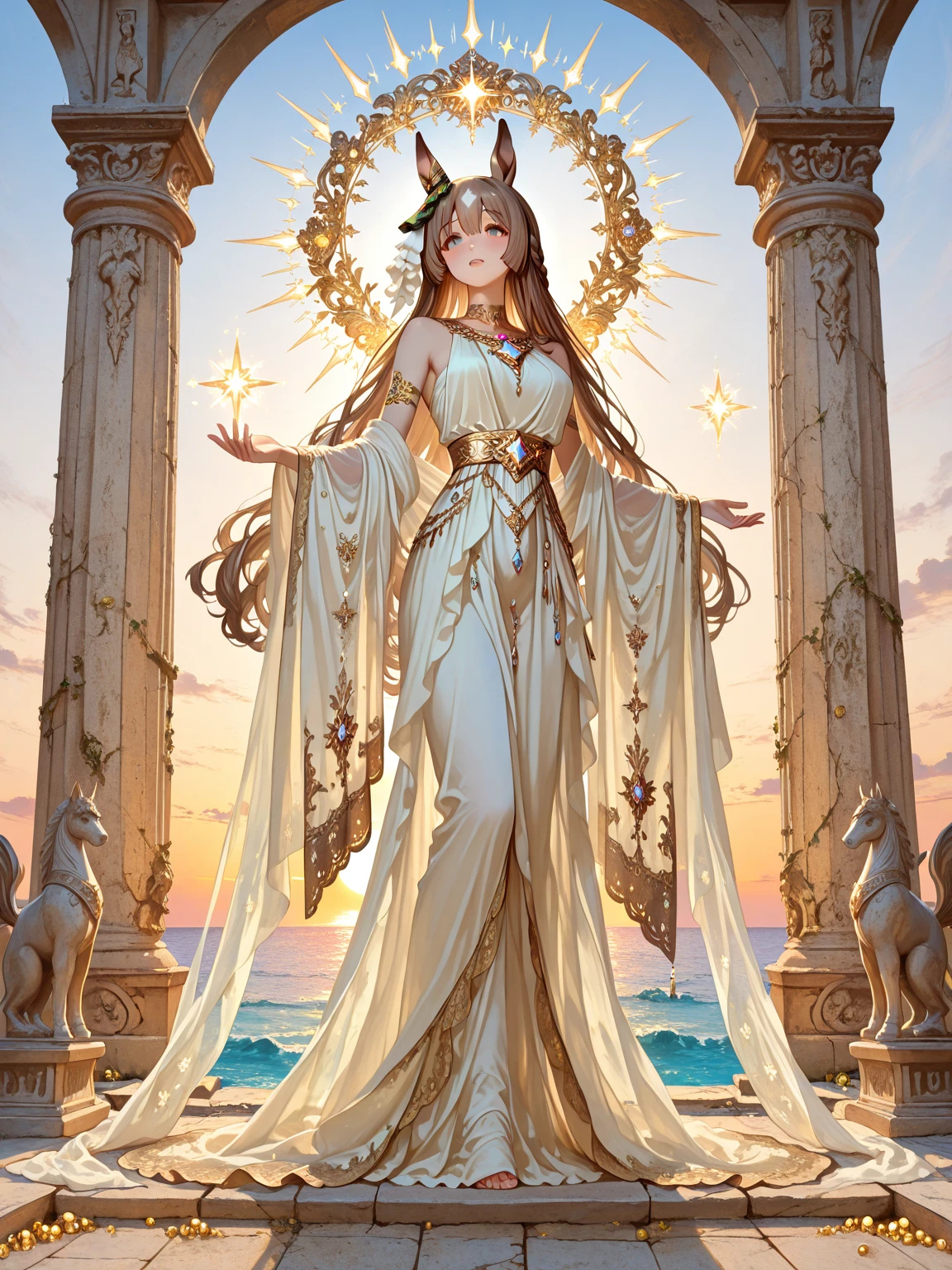 (masterpiece、Highest quality、High resolution、8K、16K)、((Alone  space、Beautiful Goddess、Standing posture、フローティング  the sky like a star))、((whole body))、Golden Cape、White long dress、No sleeve、Adorned with vibrant jewels、Gold Bracelet、Blonde middle、Beautiful brown eyes、A kind smile、Mouth closed、Elegant and detailed face、Graceful operation、Place one hand under your 、Professional Lighting、The universe is full of light、Countless stars and nebulae、