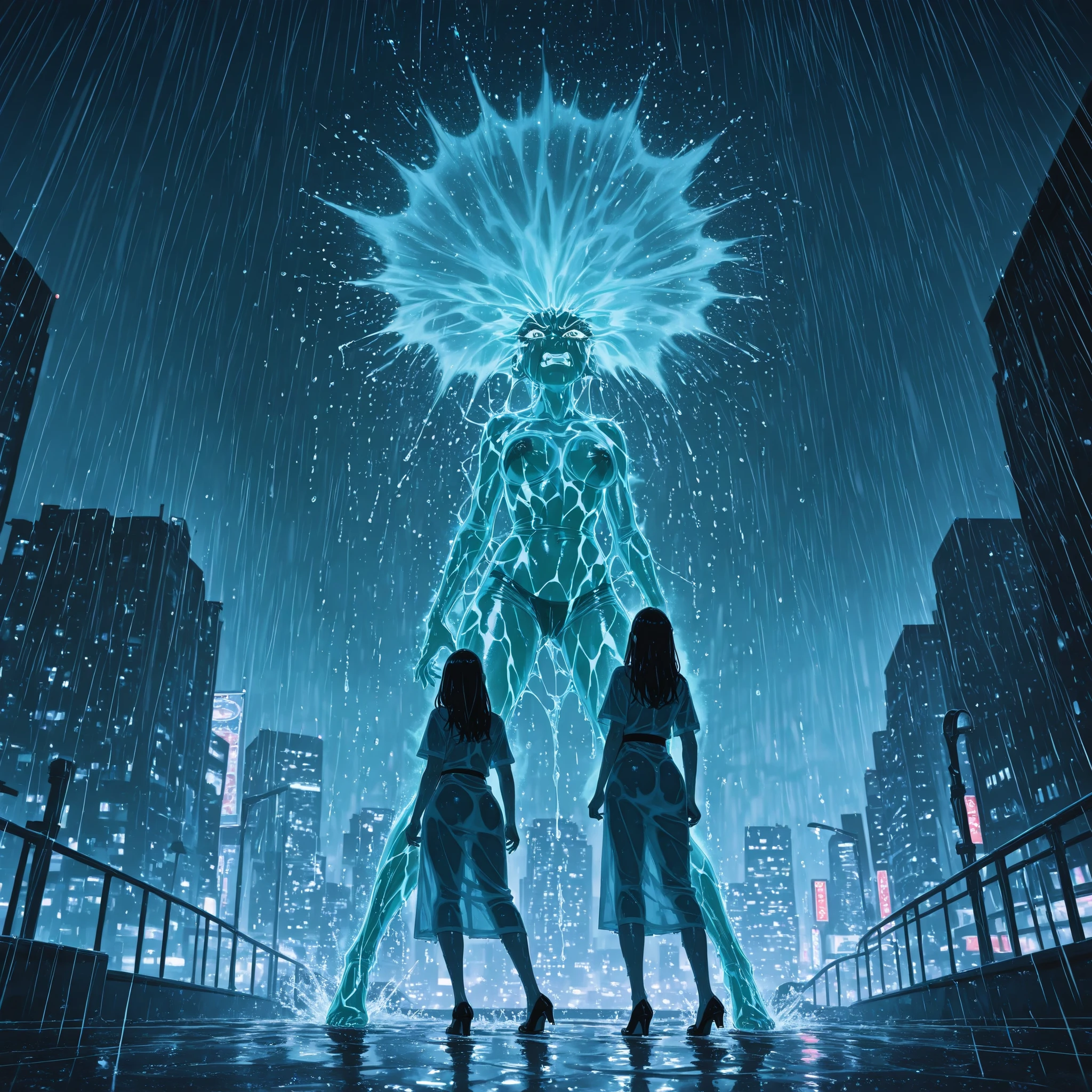 super high resolution, RAW pictures, precise depiction, Battle Scenes in the Rain, adult female character, Wet Uniform Style Costumes, transparent fabric, Magical Glow Effects, City Night View, Raindrops Glowing Expression, Challenging Look, confrontation with the enemy, Water dripping skin, Adult RPG Style, Sensual Fantasy Elements