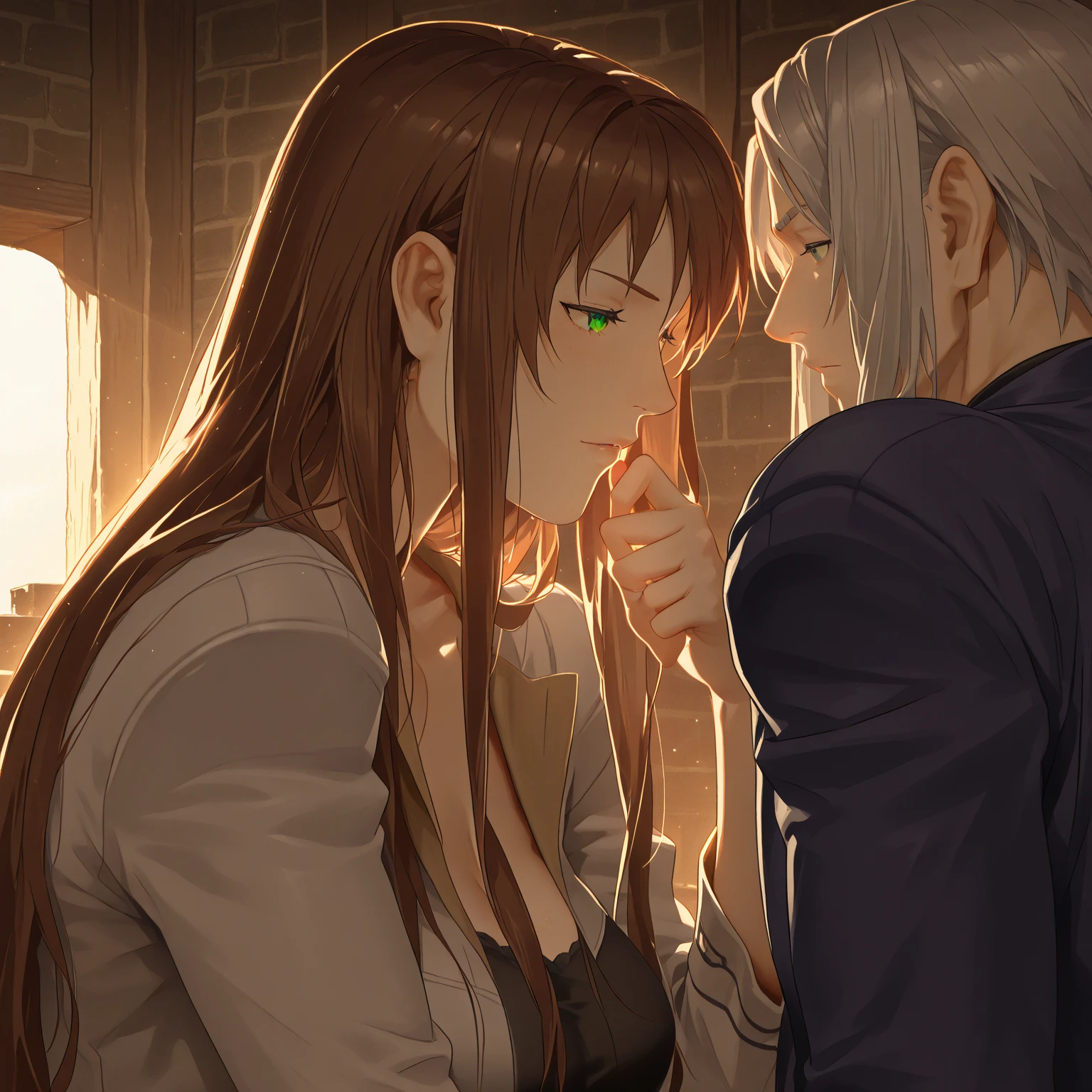 ((Highest quality)), ((masterpiece)), (detailed), （Perfect Face）、The woman is Yuuki Asuna, with medium-long brown hair, a gorgeous jeweled black dress and a vampire cloak, and is embracing and kissing the dignified old man Count Dracula.
