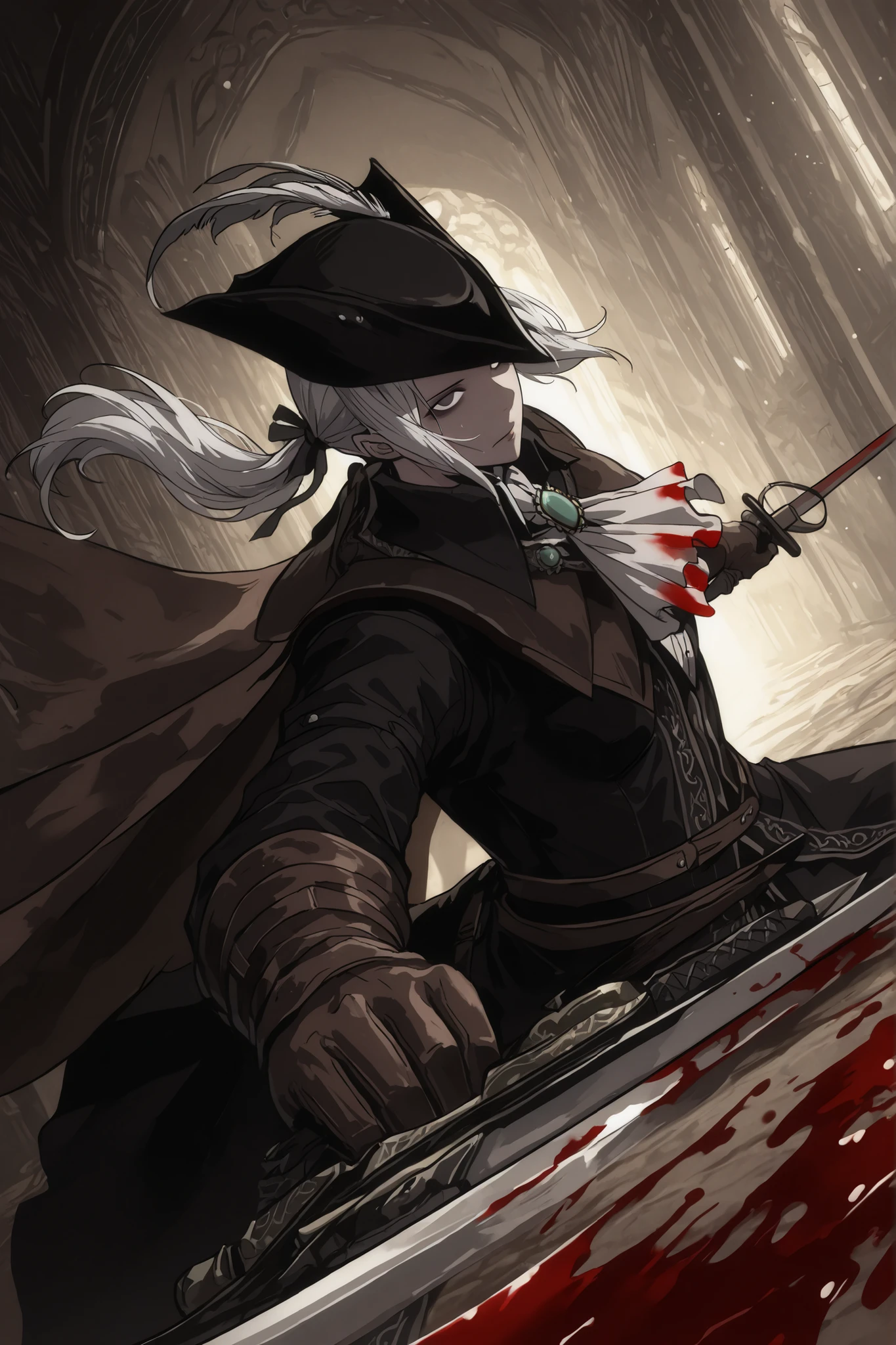 Lady Maria of the Astral Clocktower, White hair, grey eyes, tricorne, hat feather, gloves, ascot, ponytail, cape, empty eyes, no emotions, scary, extremly detailed, Perspective, a fighting stance with two swords, Dynamic pose, dutch angle, two swords, fighting stance, wielding two swords , sideview, upperbody only, blood swords