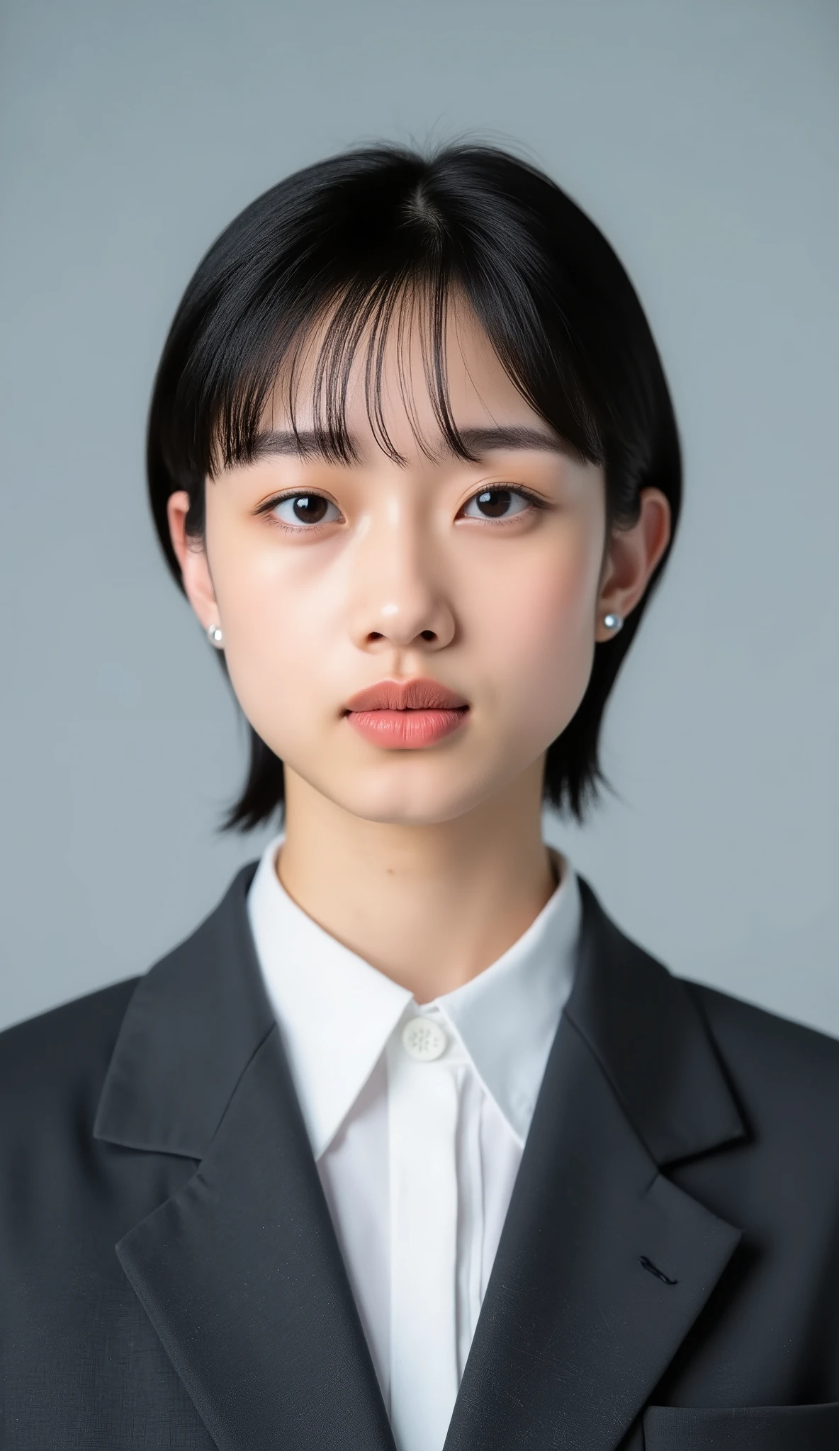 Passport photo of a neat young woman、facing directly、camera list、office lady suit、jacket、shirt、、、ear piercings、前髪あり、、、無表情、、、has closed its mouth、face close-up、grey background
