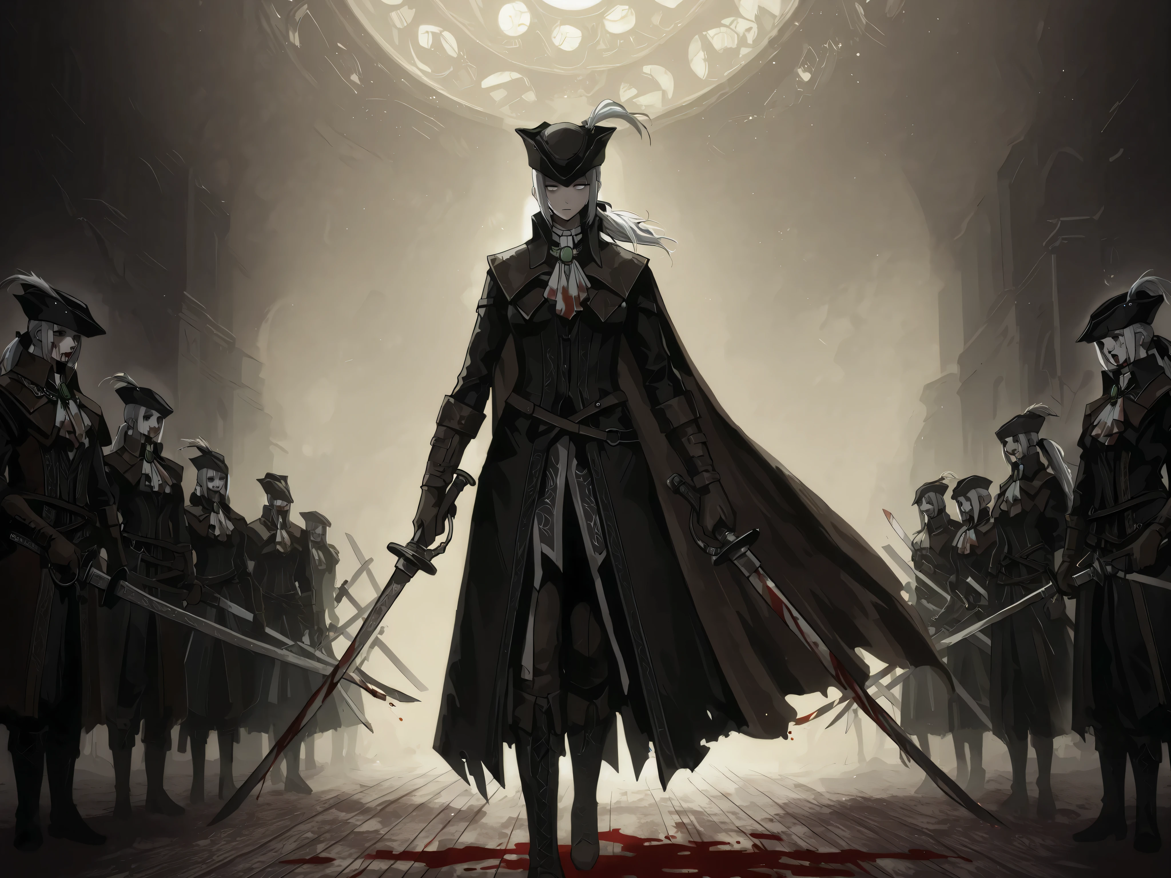 Lady Maria of the Astral Clocktower, alone, White hair, grey eyes, tricorne, hat feather, gloves, ascot, ponytail, cape, empty eyes, no emotions, scary, extremly detailed, two swords, two swords, a threatening look with her swords spread out by her side, wielding two swords , blood swords, full body view