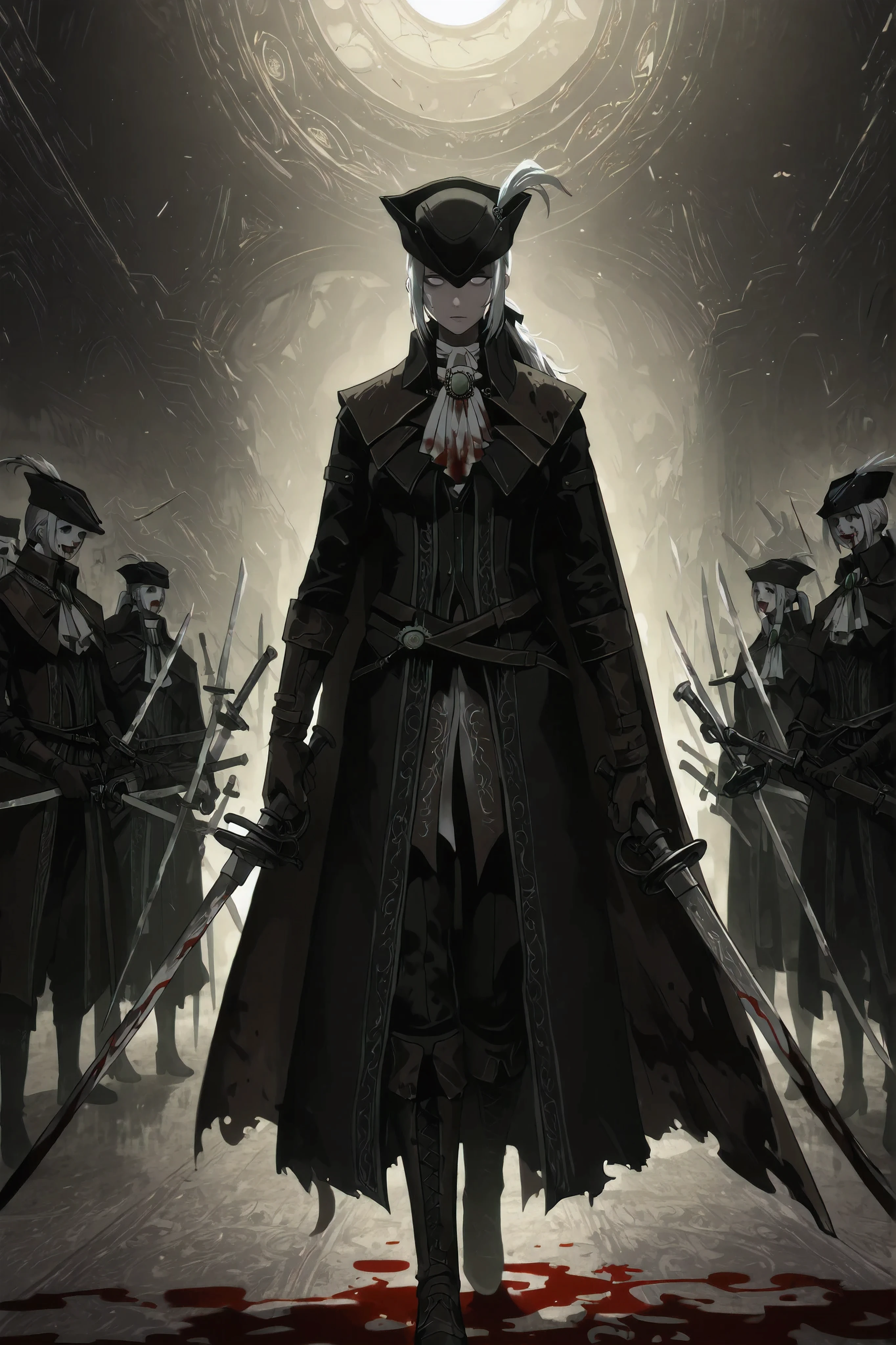Lady Maria of the Astral Clocktower, alone, White hair, grey eyes, tricorne, hat feather, gloves, ascot, ponytail, cape, empty eyes, no emotions, scary, extremly detailed, two swords, two swords, a threatening look with her swords spread out by her side, wielding two swords , blood swords, full body view , detailed face
