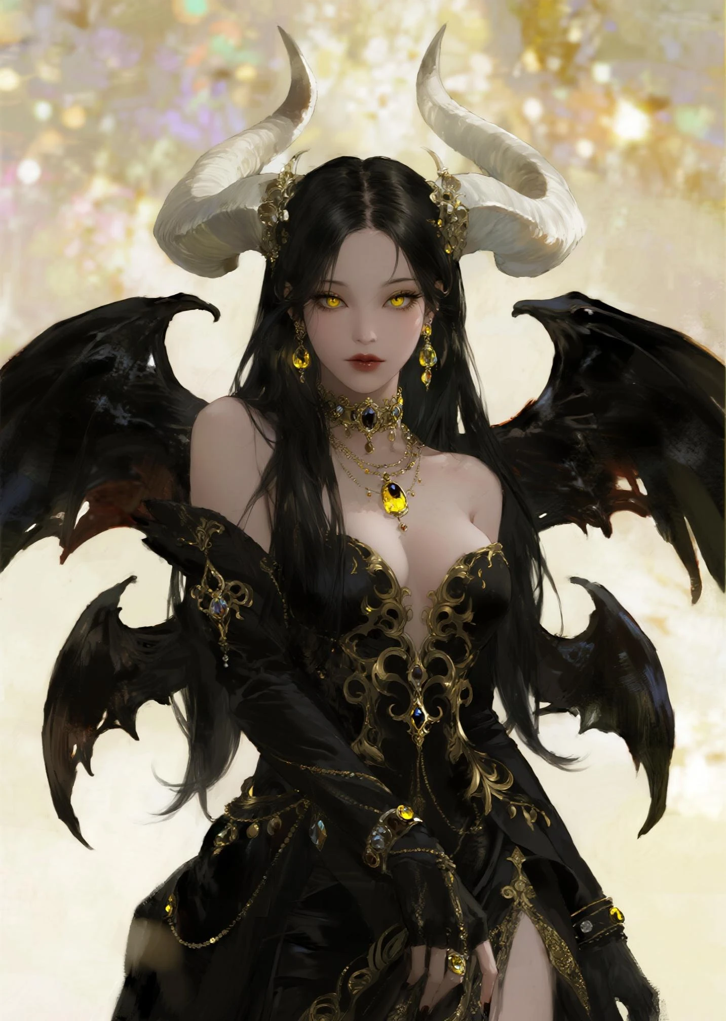 morrigan aensland, beautiful detailed eyes, beautiful detailed lips, extremely detailed face, longeyelashes, horns, bat wings, dark gothic fantasy, dark magical atmosphere, dramatic lighting, dramatic shadows, dramatic colors, mystical, occult, intricate details, luxury, high quality, 8k, 4k, ultra-detailed, photorealistic, masterpiece, cinematic, moody, atmospheric, dramatic, elegant, sophisticated, alluring, seductive