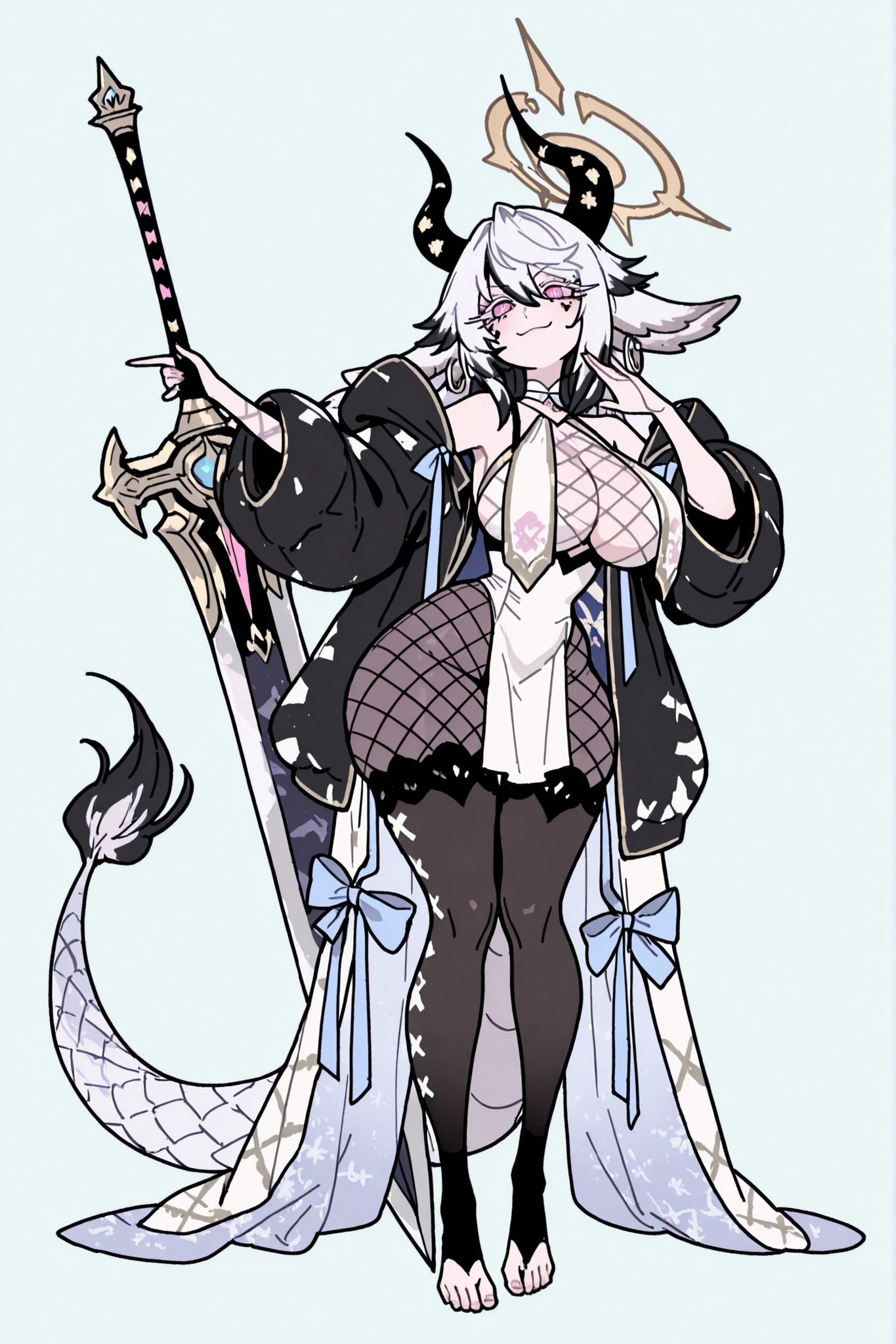   8k wallpaper、    top quality 、masterpiece,   748cm スThailandル   、sexy black bralette dress with fishnet top beneath,   woman 1 person、ribbon、piercings and earrings on her ears,  pointy elf ears, black ripped pelvic curtain dress、 cute black oversized coat with puffy sleaves with open sholders, chains and Accessories on clothes,  dark pantyhose and fishnet、 black knee socks 、rororogi mogera、 style strap 、 Thailand、  pantyhose、、black hair with gray tips and gold  lines、 albino eyelashes   、   long hair falling down her chest、  Underbob  、blue ribbon bow in the head、  Pretty blueish purple Eyes、  wide hips、Protruding thighs   、 pale pinky skin,   very big breasts 、close up,  Light blue background 、open chest area dress,   simple background、lazy smile、 high detail design, standing up、boob window, leaning down towards the camera, making a cute pose with her hands, fullbody, , huge sword on her back, punk style clothes, chest fishnet top, fishnet stocking, big cute , wings behind her ears, demon girl, five big octopus tails behind her, black horns, goat eyes, five octopus tails, big hair. heavenly divine dragon girl, white huge dragon horns with golden ends, big dragon tail, white hair, ver long hair, thick hair, very big breast, pink eyes with blue pupils, gradient dragon scales on her face, white dragon sexy revealing outfit with breast curtains, white nylon stockings, white choker, sexy white cheongsam dress with gold details, taliman paper on her , fullbody, head to toe, dark dragon scales on her legs, bare feet, exposed toes, massive gold halo on top of her head