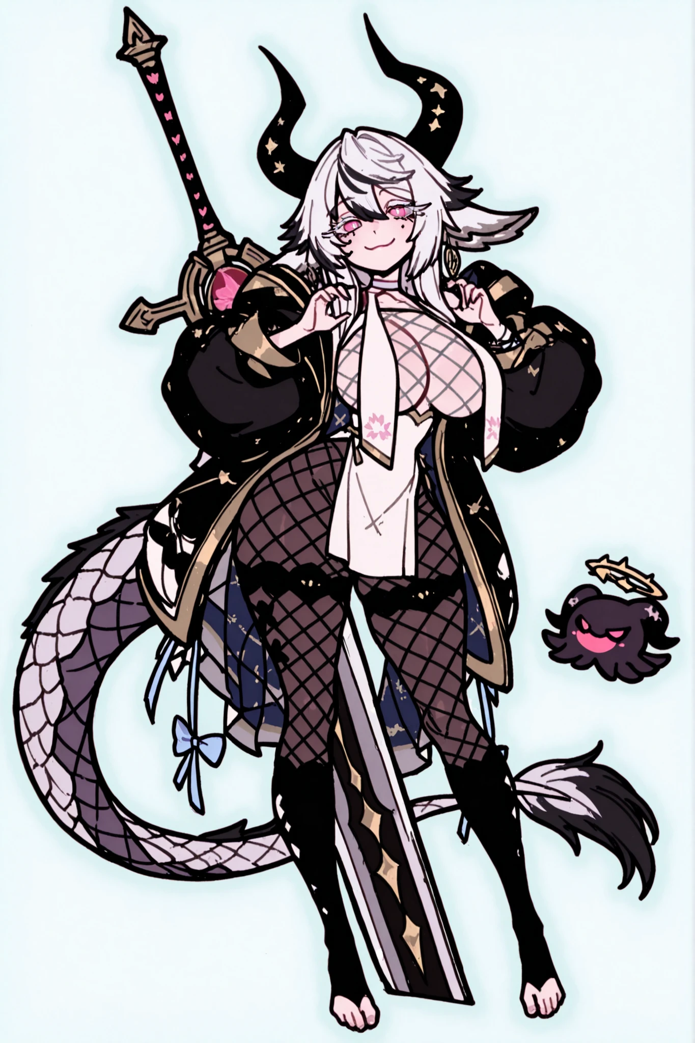   8k wallpaper、    top quality 、masterpiece,   748cm スThailandル   、sexy black bralette dress with fishnet top beneath,   woman 1 person、ribbon、piercings and earrings on her ears,  pointy elf ears, black ripped pelvic curtain dress、 cute black oversized coat with puffy sleaves with open sholders, chains and Accessories on clothes,  dark pantyhose and fishnet、 black knee socks 、rororogi mogera、 style strap 、 Thailand、  pantyhose、、black hair with gray tips and gold  lines、 albino eyelashes   、   long hair falling down her chest、  Underbob  、blue ribbon bow in the head、  Pretty blueish purple Eyes、  wide hips、Protruding thighs   、 pale pinky skin,   very big breasts 、close up,  Light blue background 、open chest area dress,   simple background、lazy smile、 high detail design, standing up、boob window, leaning down towards the camera, making a cute pose with her hands, fullbody, , huge sword on her back, punk style clothes, chest fishnet top, fishnet stocking, big cute , wings behind her ears, demon girl, five big octopus tails behind her, black horns, goat eyes, five octopus tails, big hair. heavenly divine dragon girl, white huge dragon horns with golden ends, big dragon tail, white hair, ver long hair, thick hair, very big breast, pink eyes with blue pupils, gradient dragon scales on her face, white dragon sexy revealing outfit with breast curtains, white nylon stockings, white choker, sexy white cheongsam dress with gold details, taliman paper on her , fullbody, head to toe, dark dragon scales on her legs, bare feet, exposed toes, massive gold halo on top of her head