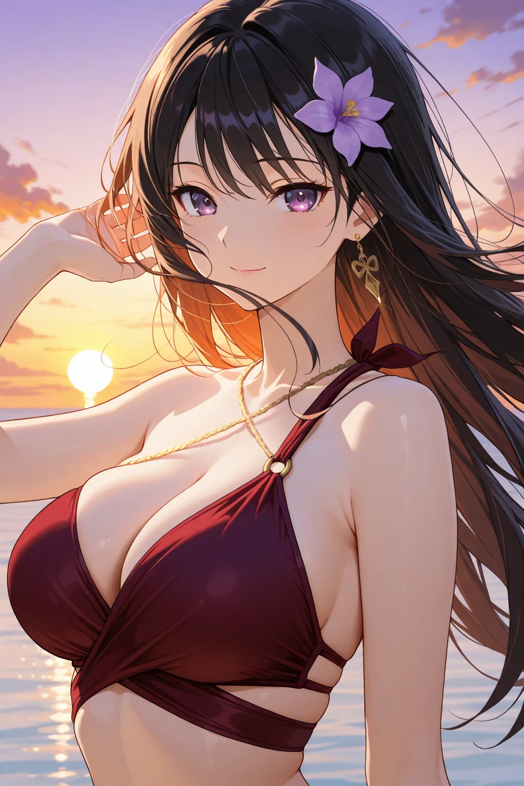 One girl, long tied brunette hair, smile, blue eyes, Wink, View your viewers, Wearing a bikini, flower straw hat, (Beach), (sunset), evening, masterpiece, 8K, Perfect lighting, The perfect outfit, Perfect , Perfect Eyes, Perfect Face, Sharp resolution, (Face close-up)