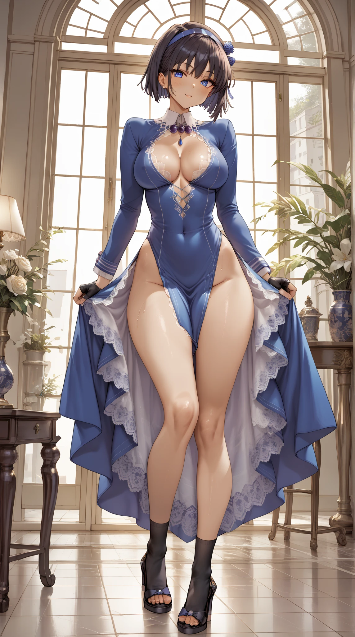 (Realistic:1.3), (masterpiece:1.2), High definition(photoRealistic:1.0), (highest quality), (Detailed skin:1.3), (Intricate details), Reduces light reflections,Detailed skin texture, High resolution, high quality texture, Realistic facial expression, Beautiful details, Fine details, Highly detailed CG, 8K face in profile, Natural light, 
TWO legs, Two arms, Five fingers, Two joints in the fingers, Perfect body balance, beautiful legs, slim legs, left and right legs the same thickness
ONE woman, 19 years OLD, 
(((Depict from HIP to HEAD))), ((angle from BACK))
Inside the ROOM, 
(blush:0.7), ((Embarrassed face)), Turn around, 
(Black HAIR), (Straight Hair), medium Long Hair, (Calm hair), bangs, Hair between the eyes, Hair volume is low, hair ORNAMENT, 
Sparkling blue eyes, Lens Eye, Light reflection in the eyes, highlights in the eyes, Symmetrical eyes, looking at the CAMERA, 
WEARING CHINA DRESS, floral prints on the dress, SLEEVELESS, knee length Skirt, one Side slit, (((slit on ONE SIDE))), ((lace thongs)), Do not mix ????? and clothes, (Black knee-high stockings with sheer lace on both legs), Adjust the length of the front and back skirts
OPEN her LEGS,  ((Pinch her ????? and slide it to the side with her fingers)),
big ????, ((((HIP)))), buttock