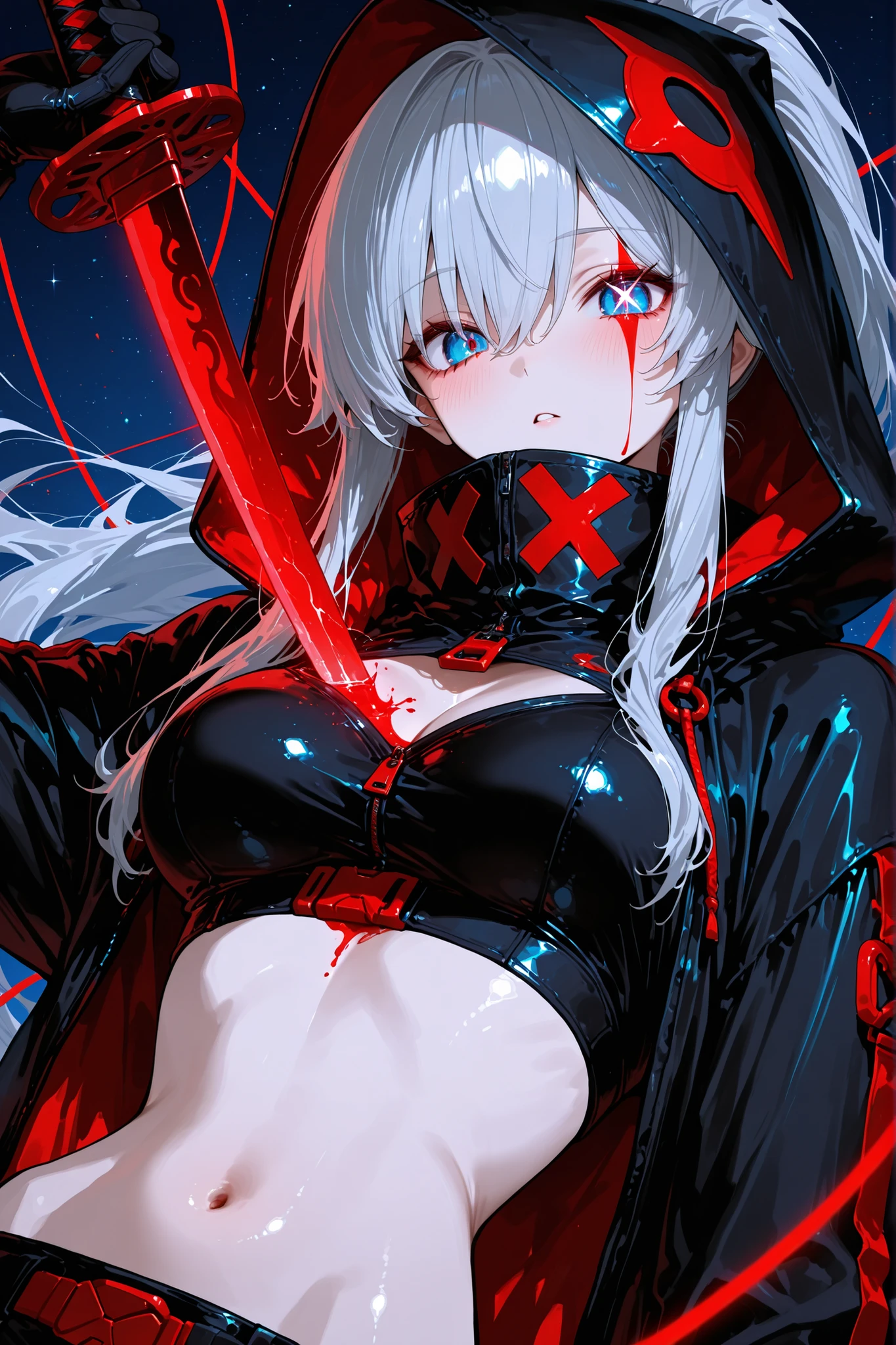 top quality、ultimate detail、1 Girl、Gray Hair Main、large center part、tingling texture、thread、clear eyes、blue eyes、X in the eye、Cool Gaze、 Sharp-looking、pretty profile、Dancing in the Wind、The background is blue、Dynamic Angle、upper body shot、high image quality、8k resolution、Studio Animation、high contrast on the face、Best Aesthetics、thin waist、ponytail with white space、Black and red futuristic hood above the chest、Pull out the Japanese sword