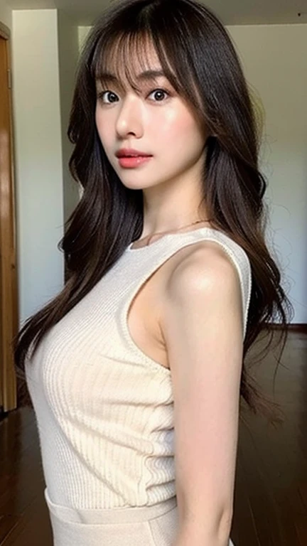((highest quality)), ((masterpiece)), (detailed), whole body、wallpaper、Attention to detail、Perfect proportions、Narrow waist、Light brown hair、Beautiful, clear skin、Beautiful white skin、Russian Beauty、(masterpiece:1.3), Best image quality: 1.4, (Rough long hairstyle:1.2)、A soft-looking bust、Cleavage:1.4、Wearing a black tank top、Wearing a black skirt、Future bodysuits