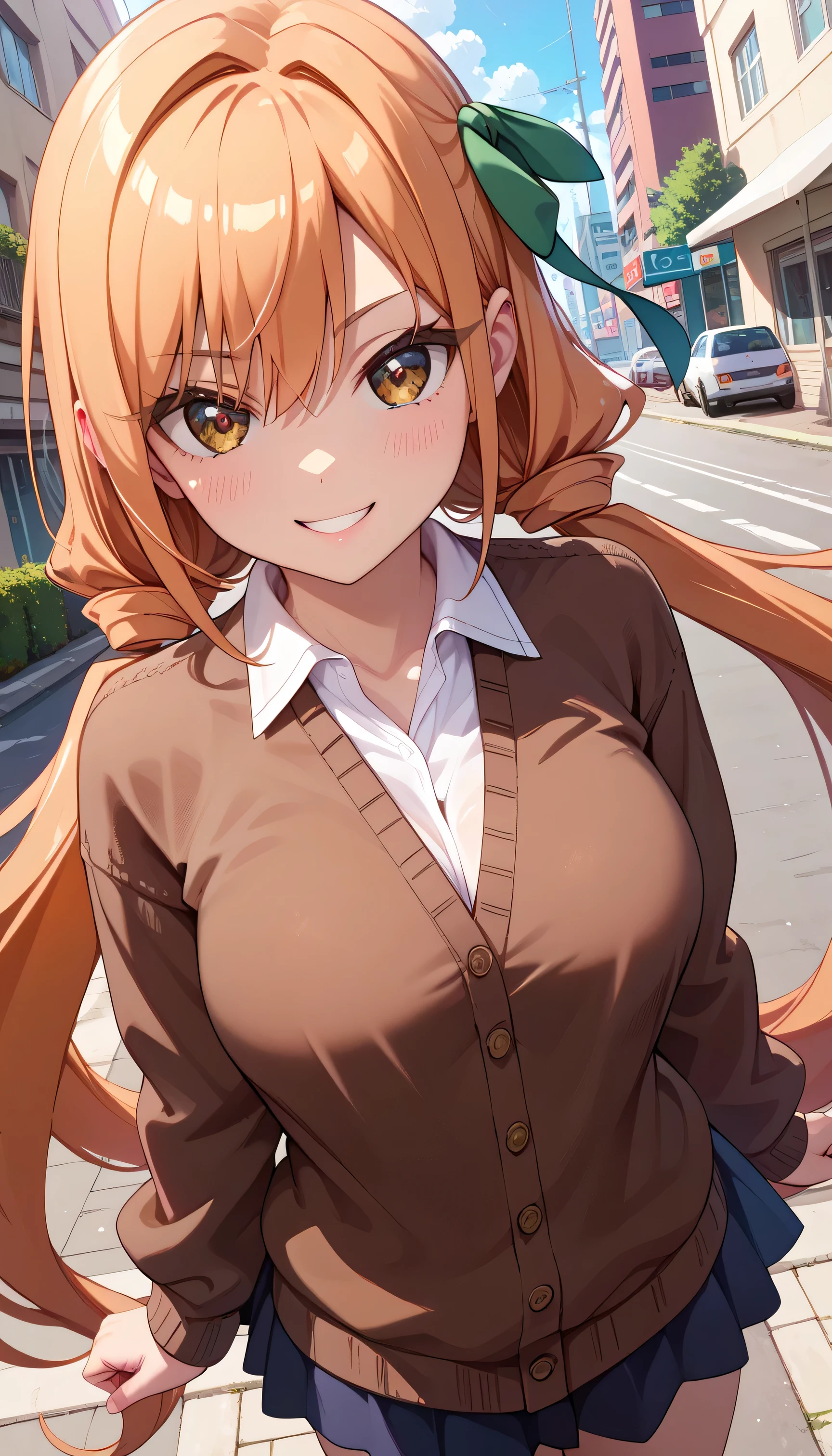 masterpiece , best quality , beautiful eyes, cinematic lens effect, highly dramatic picture, ultra detailed, 8k, beautiful small boobs , is very cute , very sexy , , very curvy , cleavage, , dutch angle, ((supermodel)) ,((Busty Bitches)), 1 girl , karane_inda, ecchi girl , collared shirt, brown cardigan, long sleeves, miniskirt, black skirt, white socks, loose socks, brown footwear, dutch angle, smile , Body Shot , (nicely accentuated rear), karane_inda, brown eyes, orange hair, very long hair, low twintails, green ribbon, hair ribbon ,, city street background,