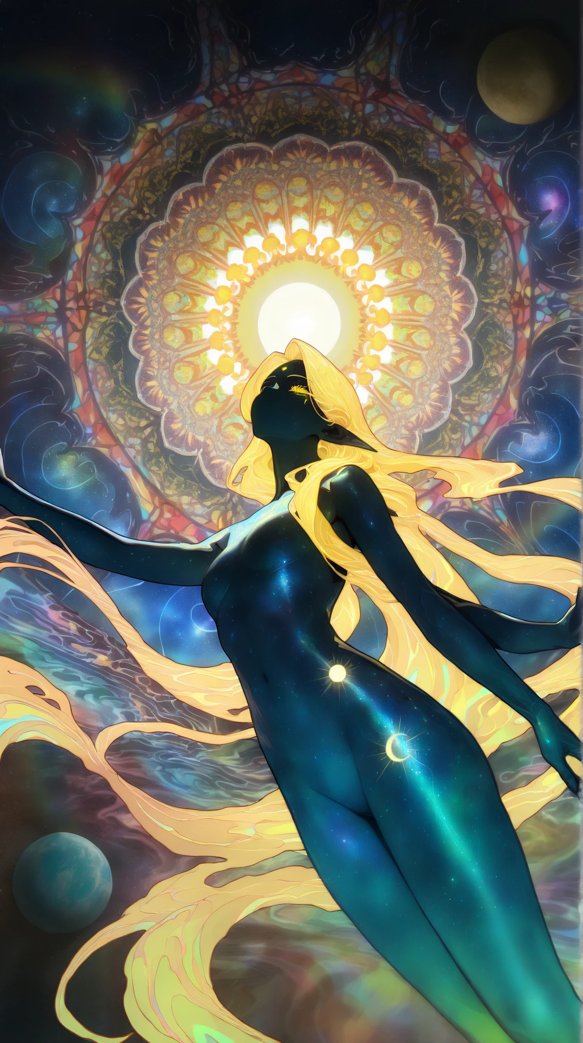 masterpiece, best quality, amazing quality, very aesthetic, absurdres,  newest, volumetric lighting,
space_backround,
1girl,solo,blonde,long hair, perfect detailed eyelashes, glossy lips, perfect nose, shiny skin,colored skin, looking at viewer, cowboy shot, front-view, intricate patterns, (universe backround),
masterpiece, best quality, amazing quality, very aesthetic, absurdres,  newest, volumetric lighting,
 ,<lora:space_backround_illustrious:0.8>,