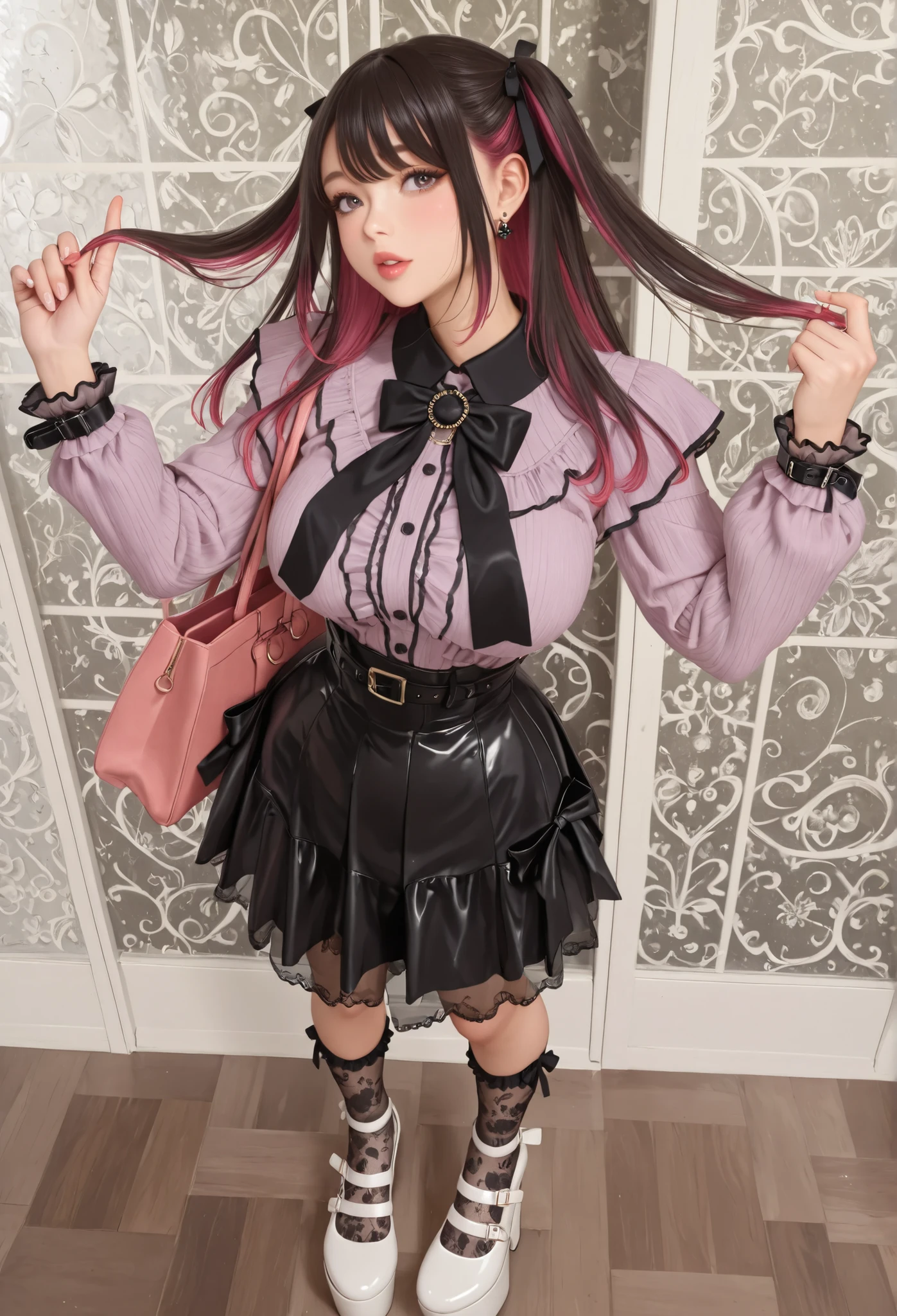 ((inspired by)),(masterpiece, best quality),beautiful, beautiful-woman, ((detailed face)).(full body:1.3).,
finger repair,Finger optimization,complete repair,full body, perfect body, perfect anatomy, body shine, beautiful body, perfect chest, perfect hips,,,
,.
1-woman
(The woman is wearing jirai-kei fashion).(platform footwear). ,(frilled lace-socks:1.2),(colored inner hair),(colored tips),large breasts。
The woman is wearing jirai-kei fashion; Lavender floral chiffon blouse with double-layer ruffled yoke and self-fabric necktie bow; long puff sleeves cinched at wrists with elasticated cuffs; high-waist ivory A-line skirt featuring asymmetrical gold-tone button closure on the waistband and gentle flare hem; white ankle lace-socks with subtle ribbed texture; black patent leather platform lace-up shoes with chunky block heels,