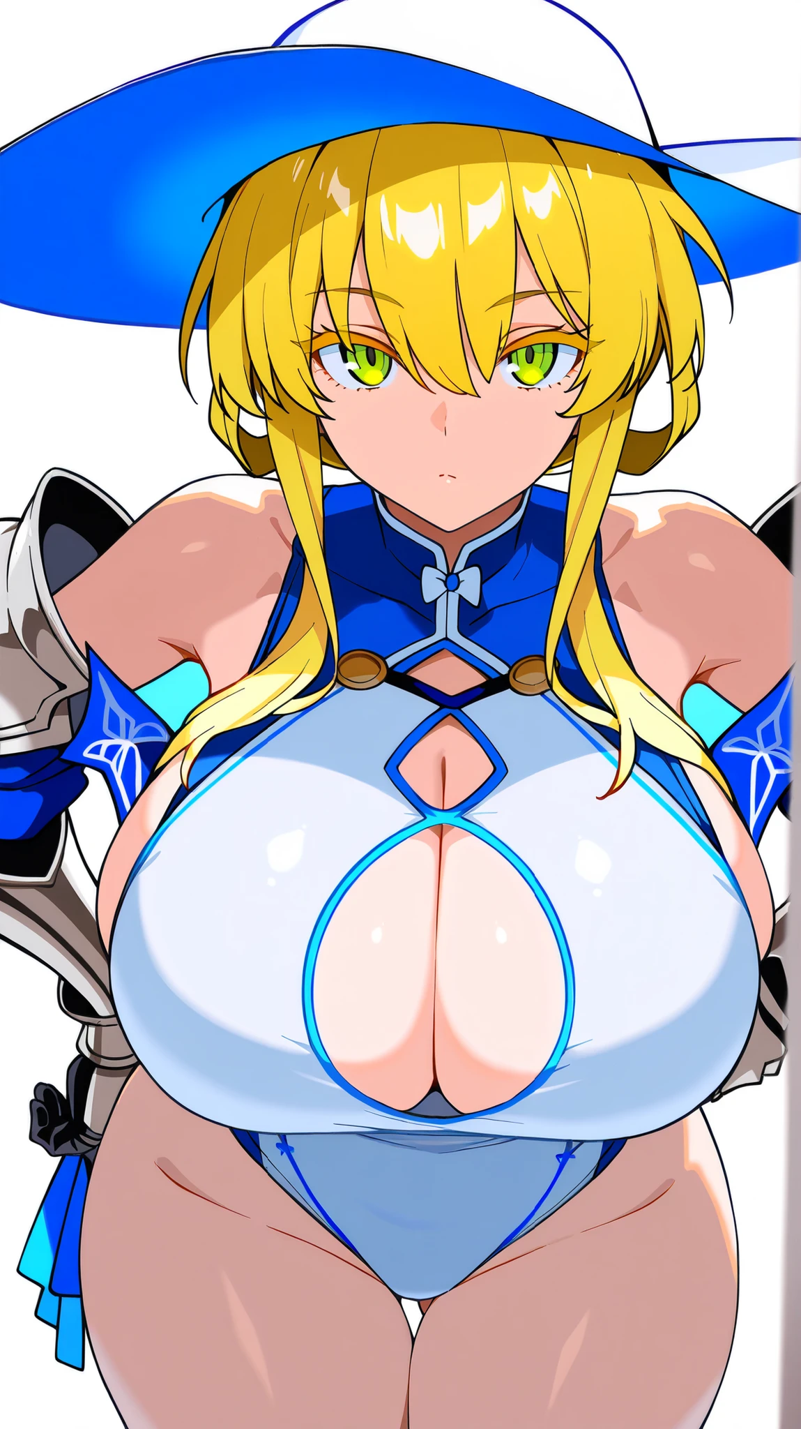 masterpiece, best quality, newest, absurdres, highres, detailed eyes, 1girl, tall, mature, solo, eyebrows, blonde hair, short hair with long locks, bangs, hair between eyes, bun with braided base, sidelocks, sharp-striking and captivating eyes, mature eyes, pale-green eyes, huge breasts, slim, curvy, ass visible through thighs, thighs,    casual white one-piece swimsuit, cleavage cutout, armor bikini, white sunhat, knight,   white background, simple background, posing,     blonde-colored eyelashes, eyebrows, closed mouth, neutral expression,