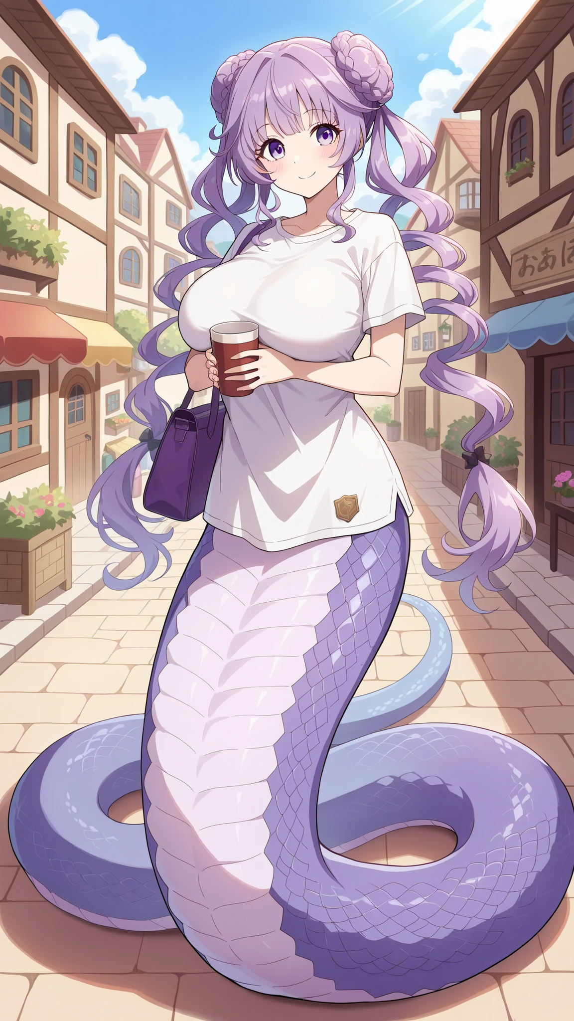 ( masterpiece), ( Best Quality),(all five fingers ), A Girl,alone,absurd,cute,selettrice vaAlMonica ,purple eyes,big boobs,White T-shirt,purple hair,lamia,Snake Woman,The lower half of the body is a purple snake tail,Very Beautiful,Smile, full body picture,town,outdoor,Hands holding a cup,Carrying a purple bag,
