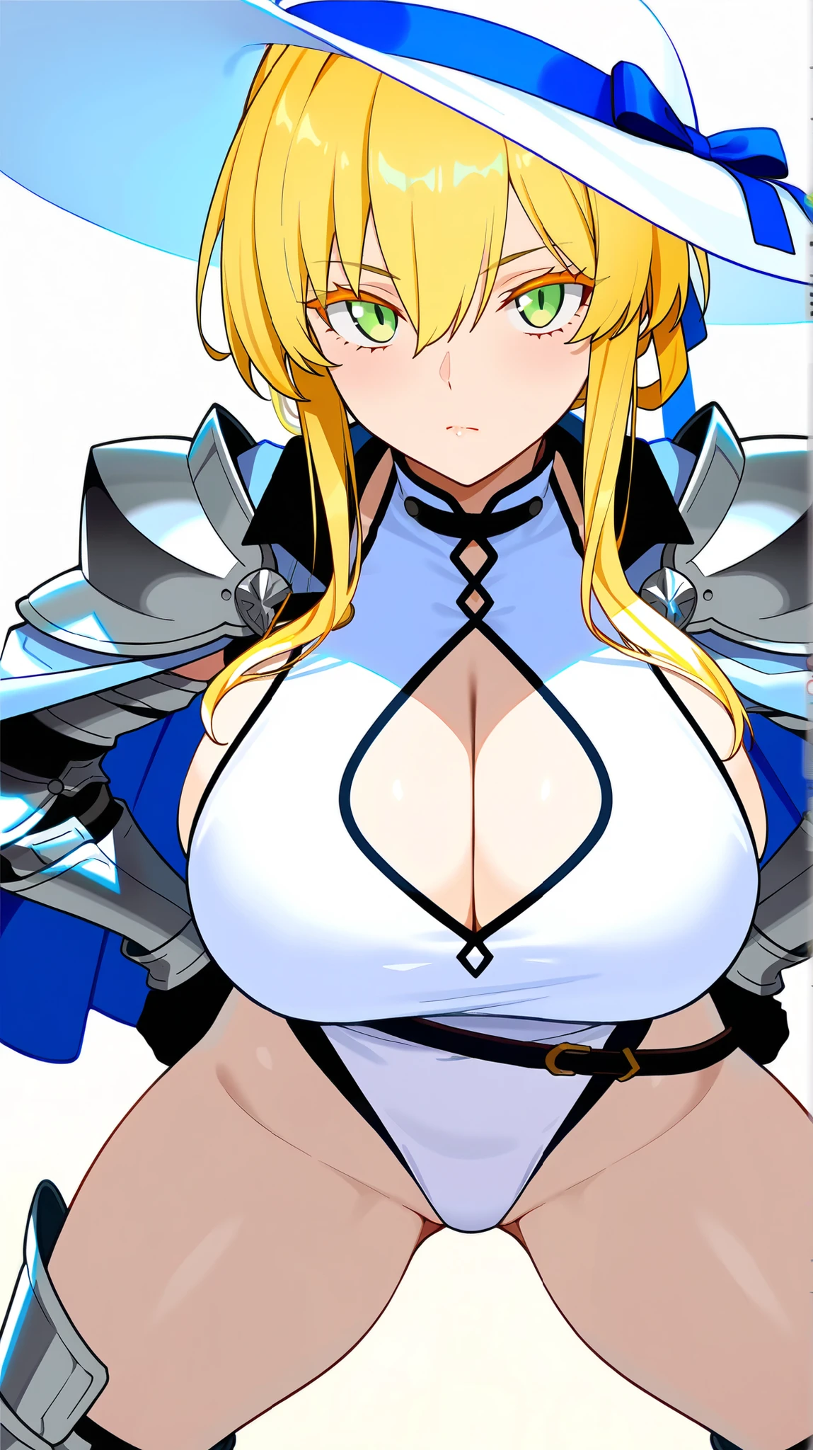 masterpiece, best quality, newest, absurdres, highres, detailed eyes, 1girl, tall, mature, solo, eyebrows, blonde hair, short hair with long locks, bangs, hair between eyes, bun with braided base, sidelocks, sharp-striking and captivating eyes, mature eyes, pale-green eyes, huge breasts, slim, curvy, ass visible through thighs, thighs,    casual white one-piece swimsuit, cleavage cutout, armor bikini, white sunhat, knight,   white background, simple background, posing,     blonde-colored eyelashes, eyebrows, closed mouth, neutral expression,