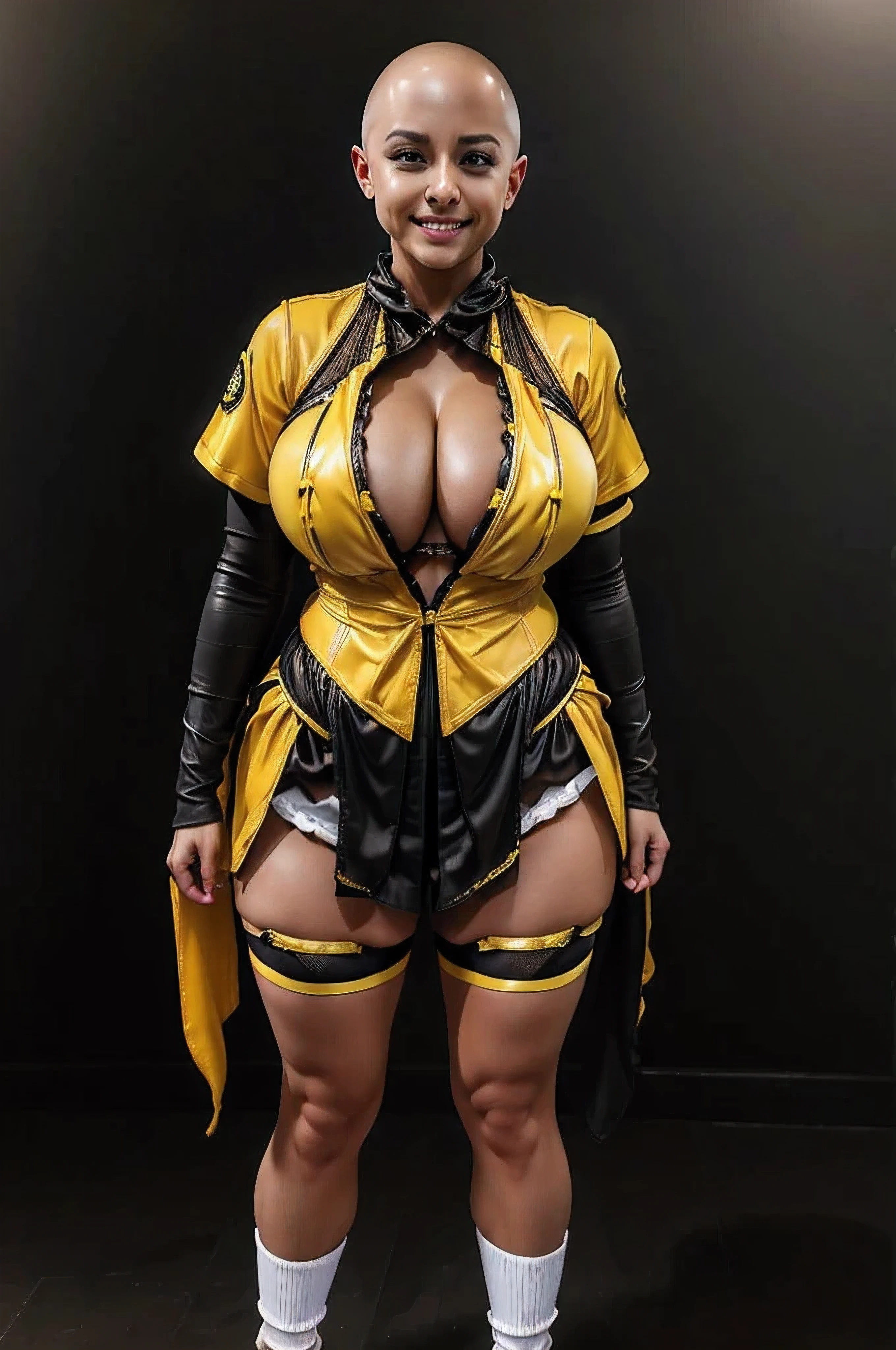 ((Skinhead:1.4)), (masterpiece、OFFICIAL ART), front view, Upright, stick stand:3.0, front view standing:2.0, stand with legs open:3.0, ((black and yellow costume:3.0, fishnet shirt inner:2.0, white enamel knee-highs:3.0, black enamel long gloves:3.0, black shorts:3.0)), big boobs:3.0, Hide your skin:3.0 , AV Actress-Like Beauty:3.0, perfect style:2.0, excellent style:2.0, Bon Kyubbon:2.0, dynamite body:2.0, realistic:1.9, very detailed, high image quality:3.0, full body shot:1.2, full color photo, Highly detailed, VERY REAL DETAILS , amazing details , professional photo , plump bust, thin waist, trained abs, Ultimate Details, ((Background: club:1.4))