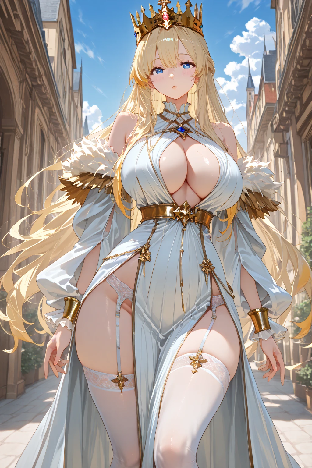score_9,score_8_up,score_7_up,score_6_up,source_anime, shiny, 1girl, huge breasts, (masterpiece:1.2), best quality, absurd res, ultra detailed ,anime,game cg, , looking_at_viewer, curvy, embarrassing, cute face, , , , puffy , yoji ohara, final fantsy, gura gawr, [blue|gray]granblue, granblue_fantasy_style_xl, cute girl, , 

, thighhighs, arm cover, royal palace, ,corset,cute 

, (standing and open stance:1), excessive ,  strings,  trail, curvy, large breasts, breasts apart, saggy breasts,from below, from side
