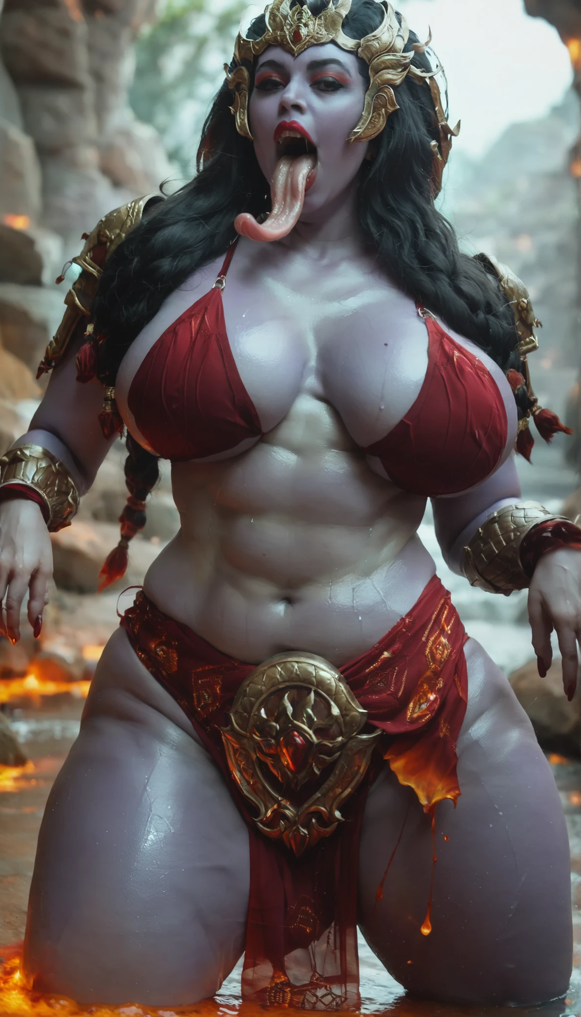 1woman in bikini armour, in squats position, Goddess Kali, long tongue out, mouth open wide, Kali from smite, purple skin, molten lava in background, solo, mature, simple look, no jewellery, Indian woman,huge breast, thick wide hips, thick wide thighs, thick muscular thighs, abs line, exposed thighs, oily skin, shiny skin, realistic skin, chubby hips, wide curvy hips, voluptuous body, Curvy body, thicc woman, navel, exposed belly, red bindi on her forehead, red lipstick, masterpiece, looking at viewer, perfect lighting, wet skin, oily skin