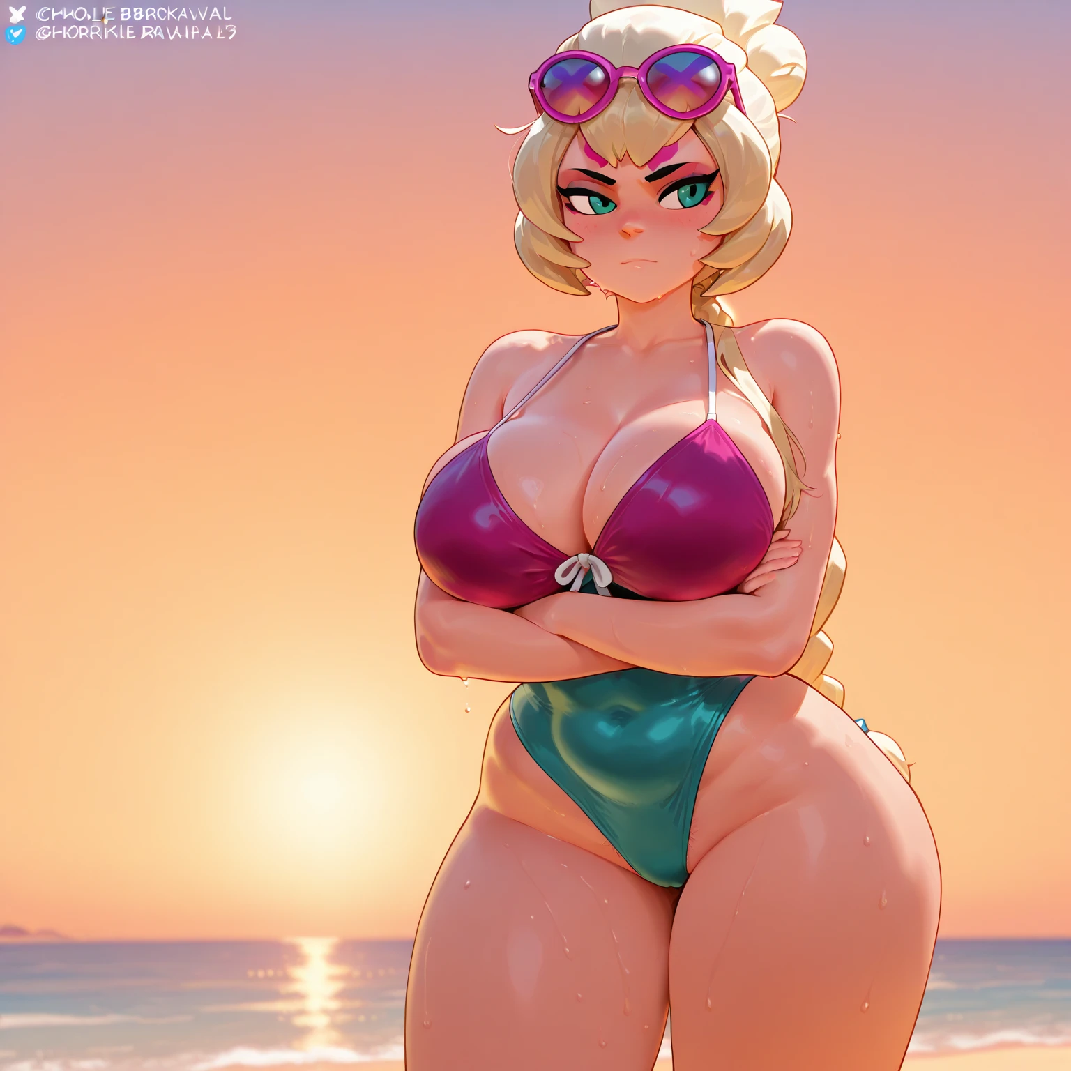 1 girl,  by rubio, hair drills, giant breasts, linda, Best Quality, High resolution, unity wallpaper 8k, (illustration:0.8), (beautiful detailed eyes:1.6), extremely detailed face, perfect lighting, Extremely detailed CG, (perfect hands, perfect ),    Solution Epsilon de Overlord, with her long hair, blonde and curly in spirals, blue eyes and pale skin. She wears a red slingshot swimsuit that highlights her extremely voluptuous figure., with breasts much larger than normal and swollen . He is standing on the sand with the sea in the background and a confident expression on his face, showing his characteristic calm and elegant gesture.
