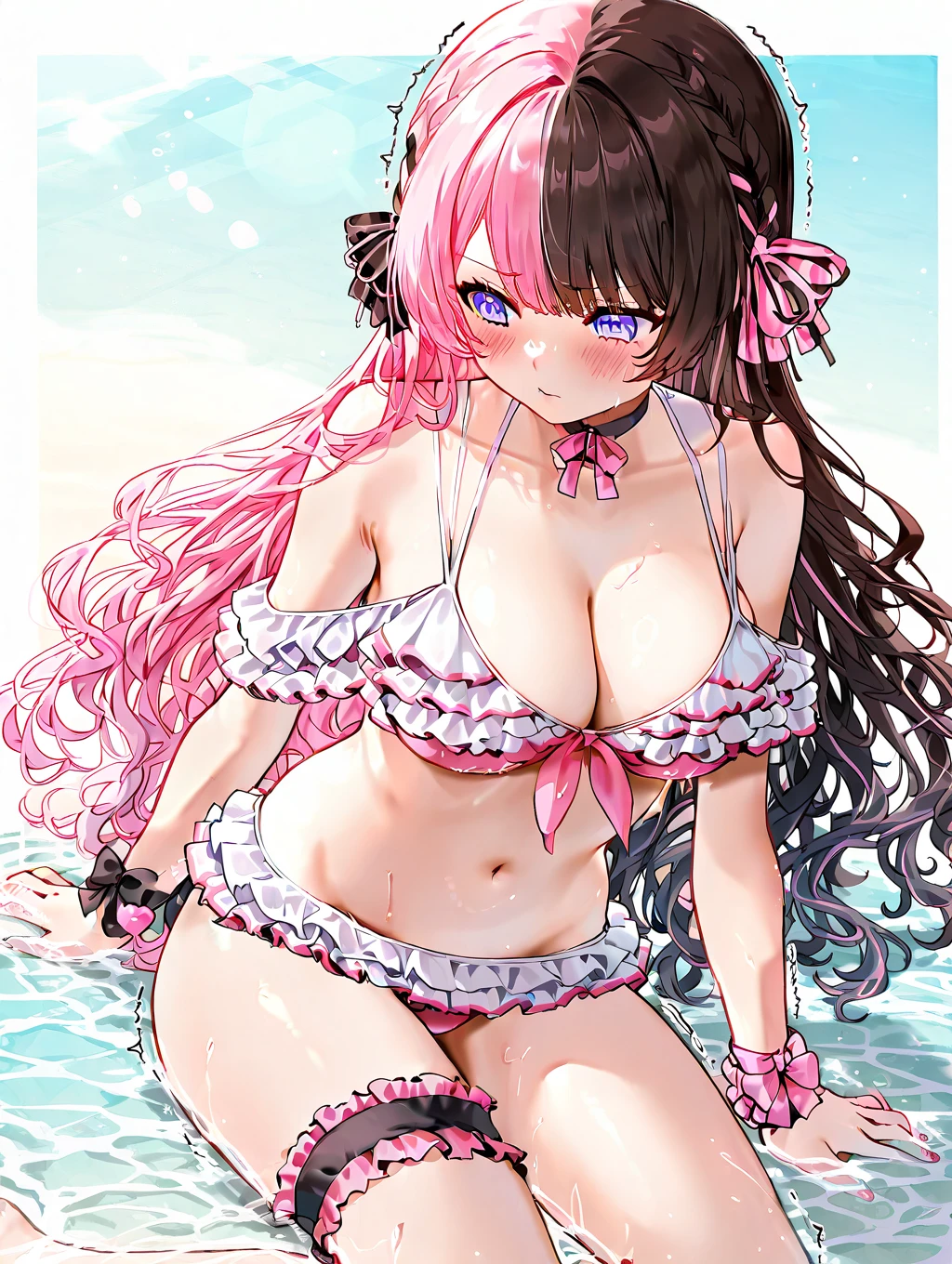 score_9, score_8_up, source_anime, 1girl, solo, HinanoSummer, two-tone hair, long hair, french braid, hair bow, bow choker, frilled bikini, off-shoulder bikini, pink bikini, bridal garter, outdoors, beach, summer, wet, waves, ocean, smile, blush, standing, <lora:ChamTachibanaHinanoPonyXL:1>