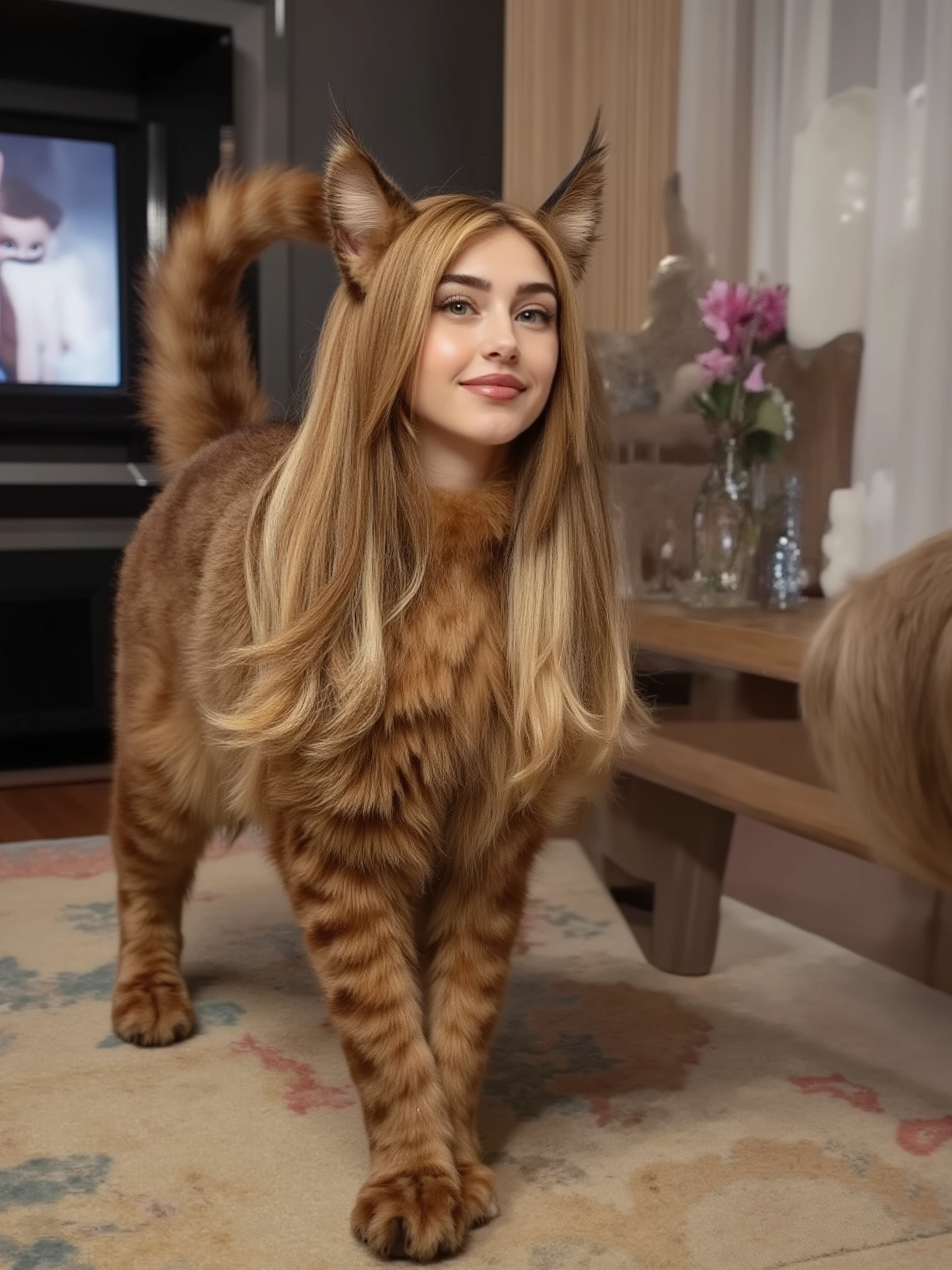 (masterpiece, High Quality, high resolution hairstyle, hyperrealistic photograph), Majestic feminine woman, walking on all fours, feline anatomy, woman's face, female head, side view, Muscular legs, beautiful female face delicate features, long, silky blond hair that falls on the shoulders, triangular cat ears that crown its head, and a long, fluffy cat's tail, She is wagging her tail in a sensual way, proud and elegant posture, Flirty and happy. Modern home interior, LED lighting that creates crisp shadows and dramatic contrasts, detailed realistic textures, perfect details of hair and skin, 8K, professional lighting , balanced composition, depth of field, Standing