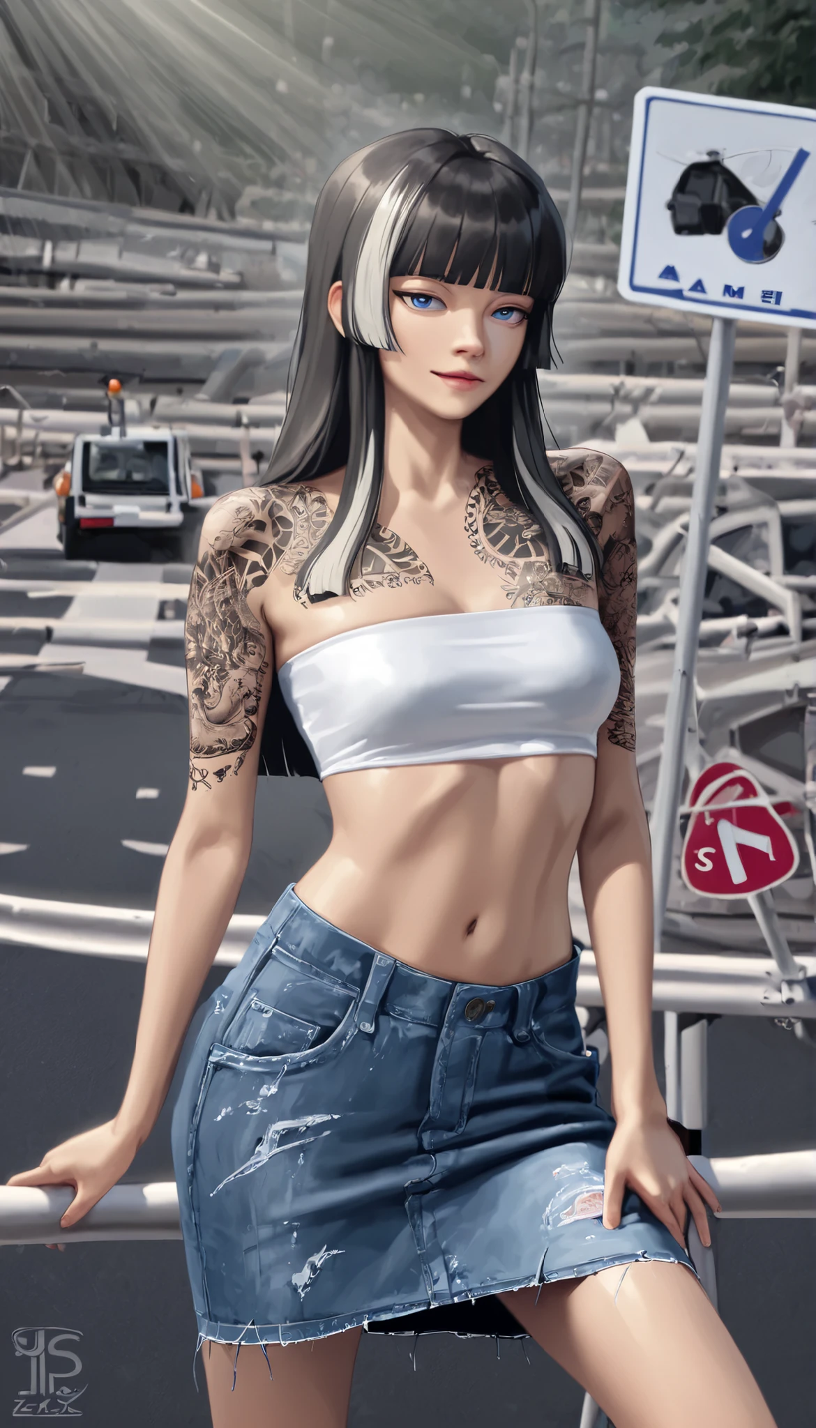 ((RAW Photo), Absurdities, (Absurd Resolution)), ((Hyperrealism, Photorealism)), (Maximum Quality, 16k, Masterpiece, Ultra Detailed) (beautiful girl, 21 years old), (blue eyes), (hime cut, straight, ironed, bangs, white with platinum highlights), (slender woman with tattoos), (outfit: short distressed blue denim skirt, white blouse over a bandeau top,  midriff), (Taiwanese girl, Korean girl, with tattoos), (sensual pose), (, arrogant), (background: road, traffic signs, skyscrapers), sun rays, (View: Photographic Perspective). «SunPuma S»